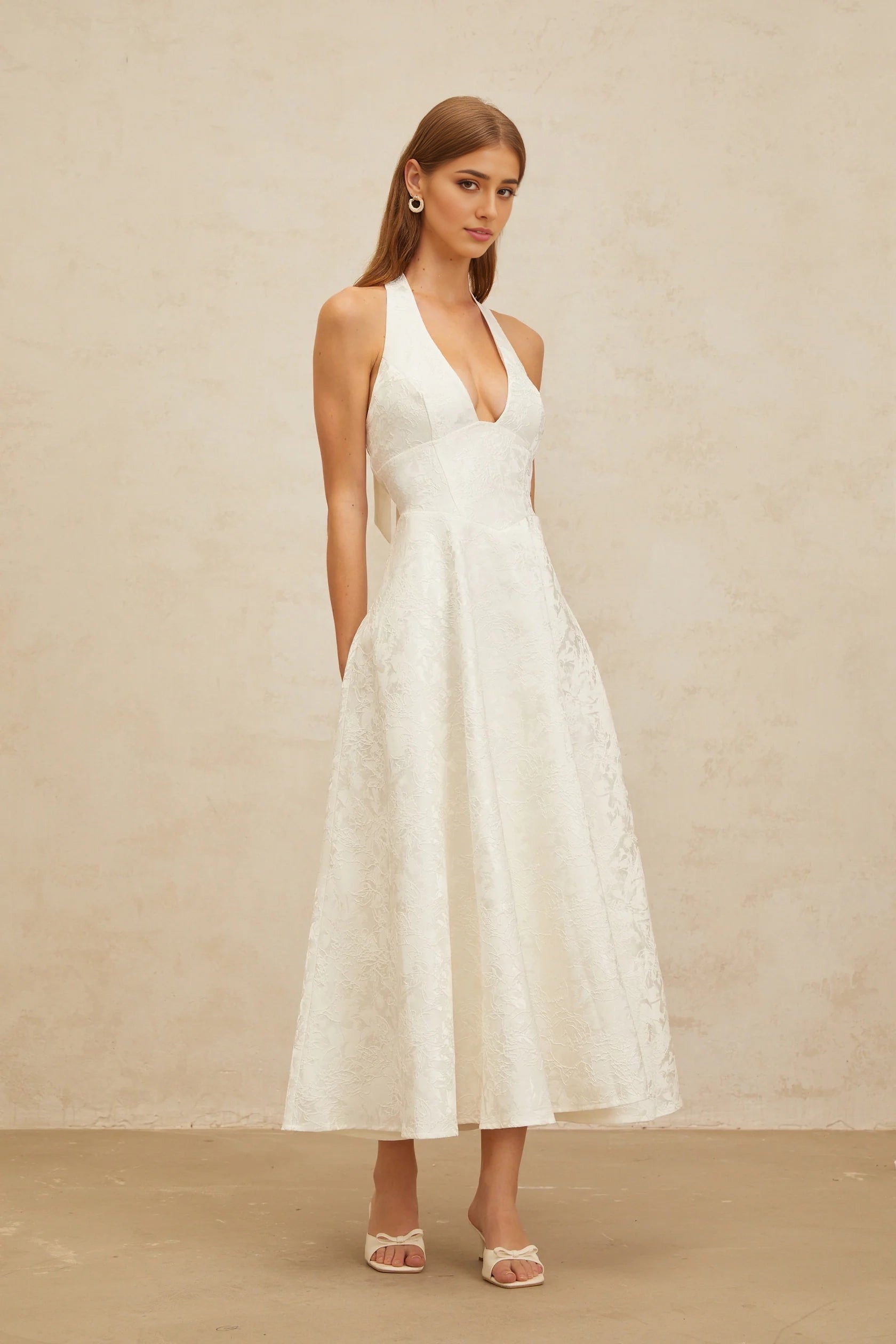 Cream Ruffled Tie - Neck Balloon Sleeve Maxi Dress White Glamorous Event Midi Dress Evening Dress