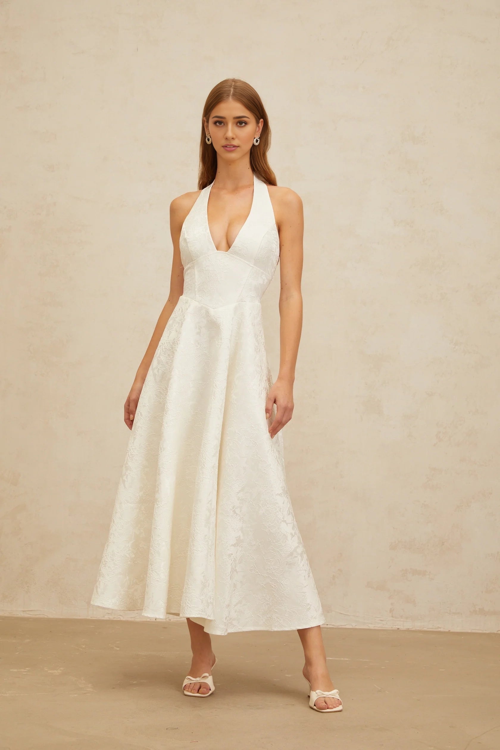 Cream Ruffled Tie - Neck Balloon Sleeve Maxi Dress White Glamorous Event Midi Dress Evening Dress