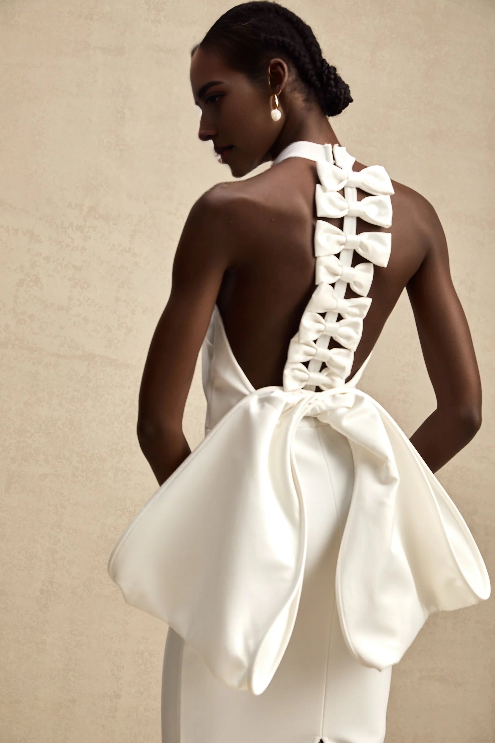 White Halter Neck Maxi Dress with Bow Back Detail Capucine white oversize-bow bandage dress Evening Dress