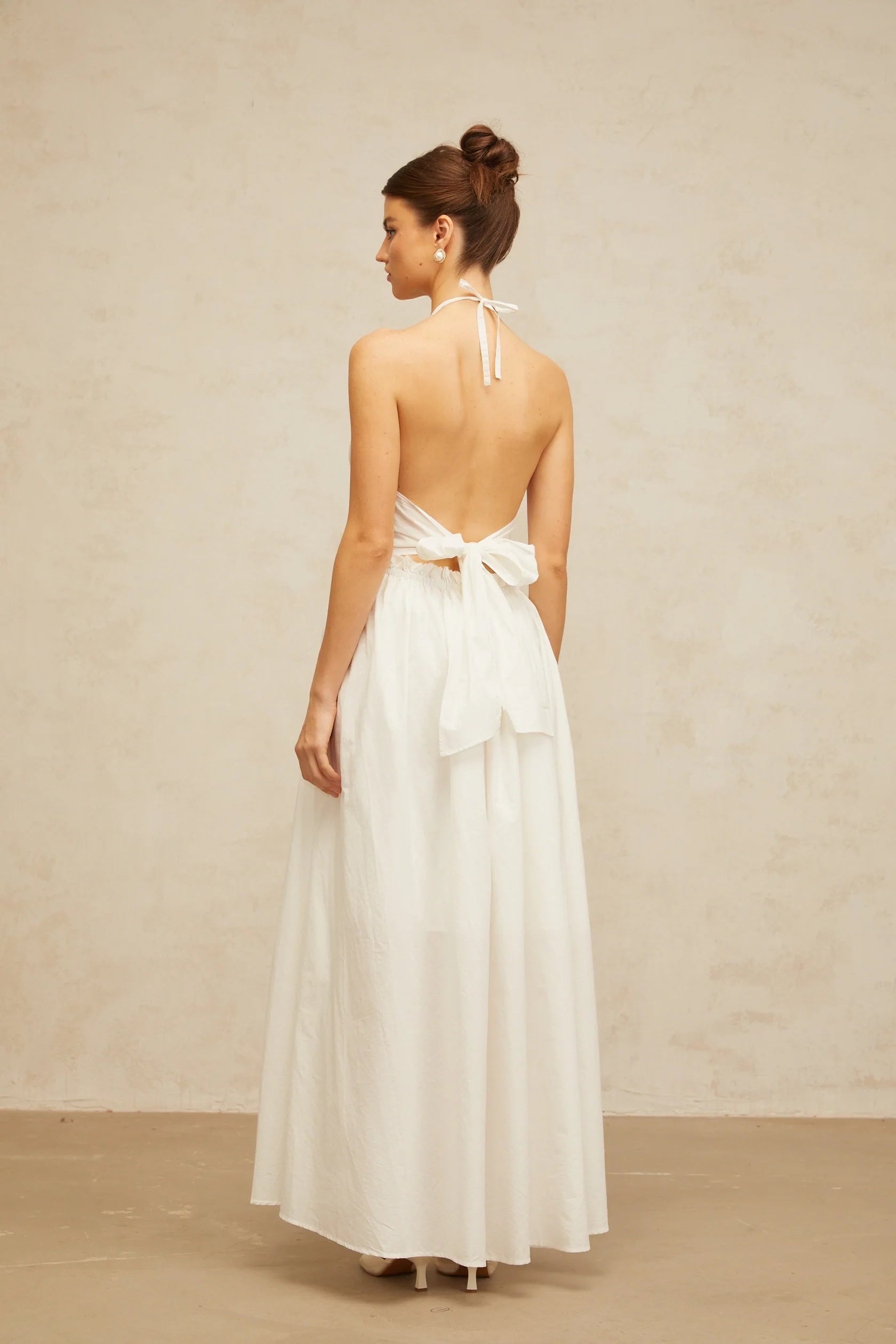 White Halter Neck Maxi Dress with Crochet Detail  white cut-out floral-embroidered shirred maxi dress Evening Dress