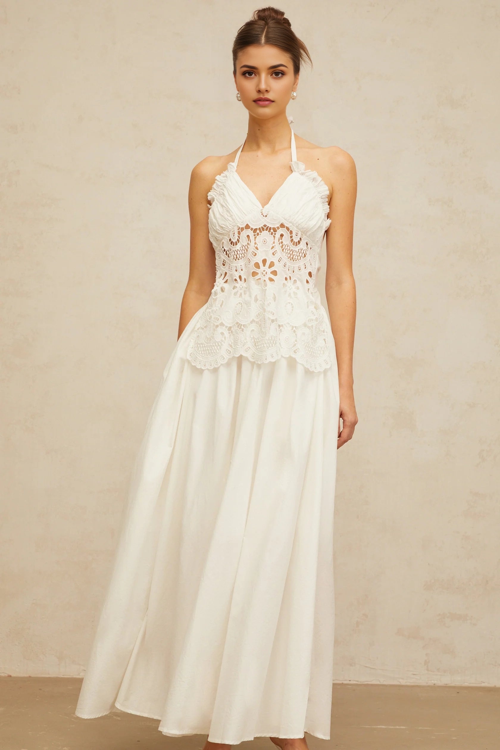 White Halter Neck Maxi Dress with Crochet Detail  white cut-out floral-embroidered shirred maxi dress Evening Dress