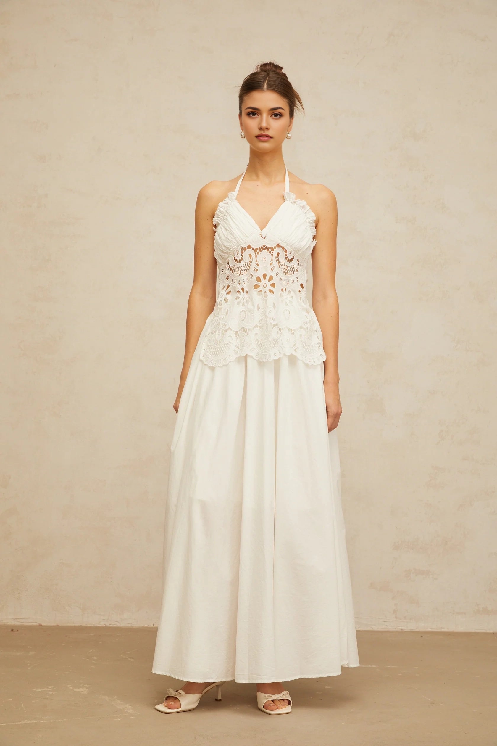 White Halter Neck Maxi Dress with Crochet Detail  white cut-out floral-embroidered shirred maxi dress Evening Dress