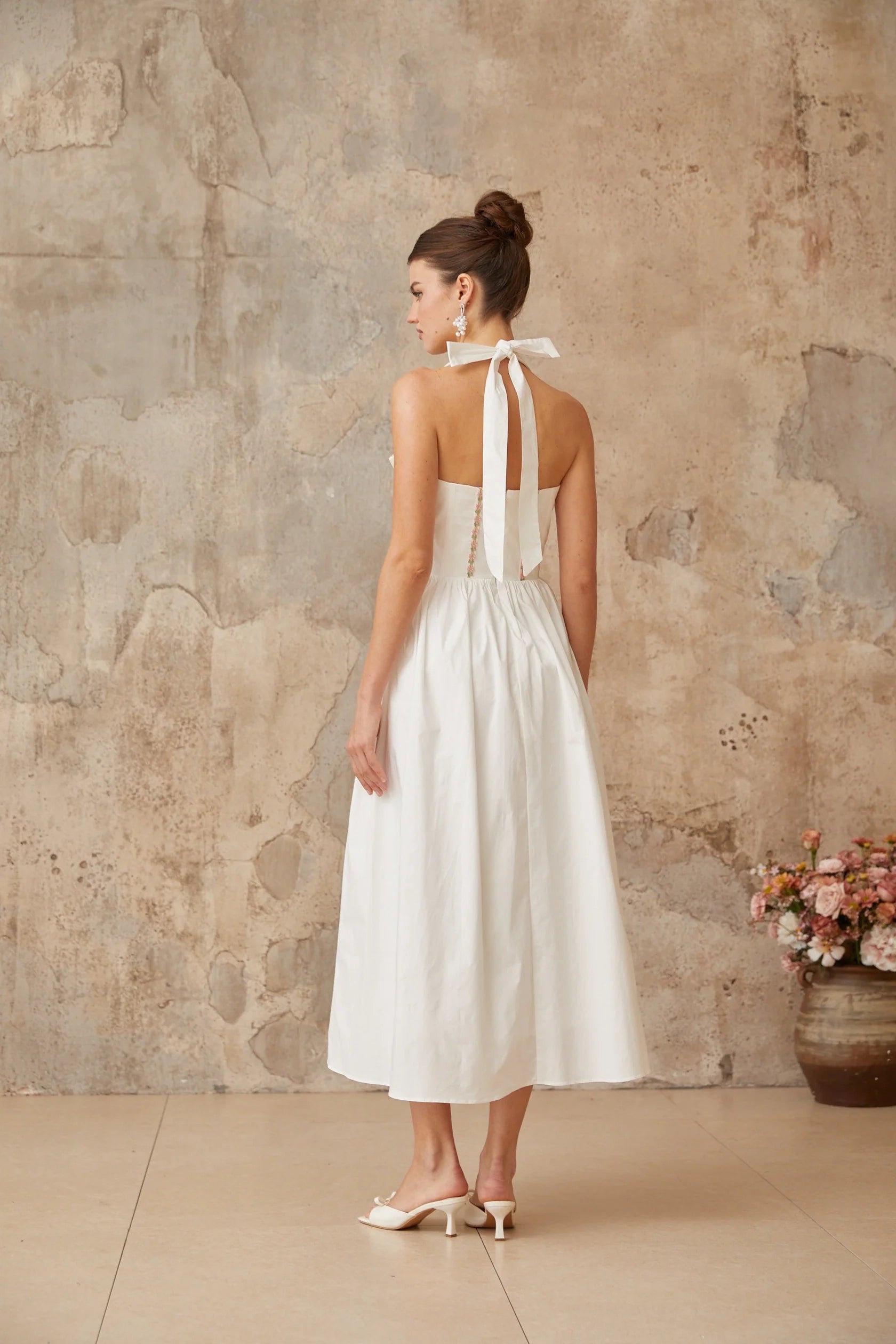 White Halter Neck Midi Dress with Corset Detail and Floral Accents white lace-up-detail shirred midi dress Evening Dress