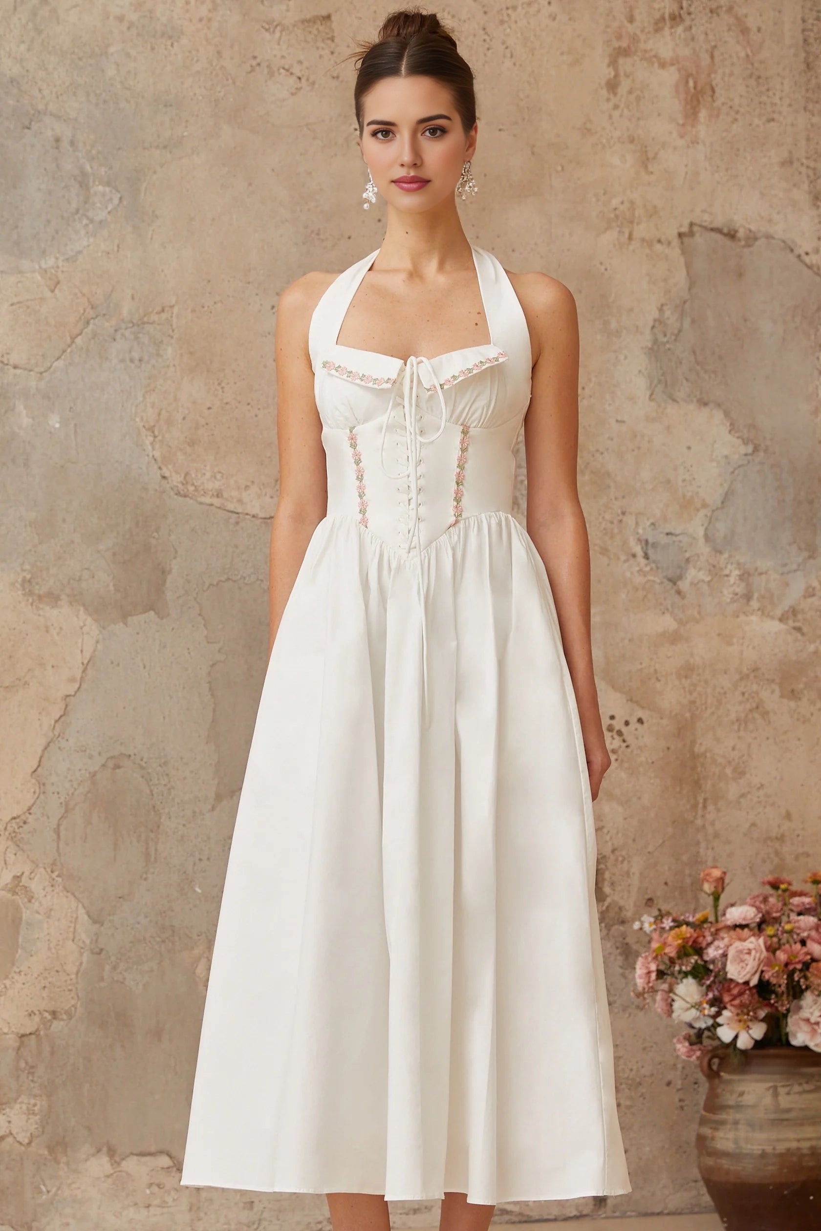 White Halter Neck Midi Dress with Corset Detail and Floral Accents white lace-up-detail shirred midi dress Evening Dress