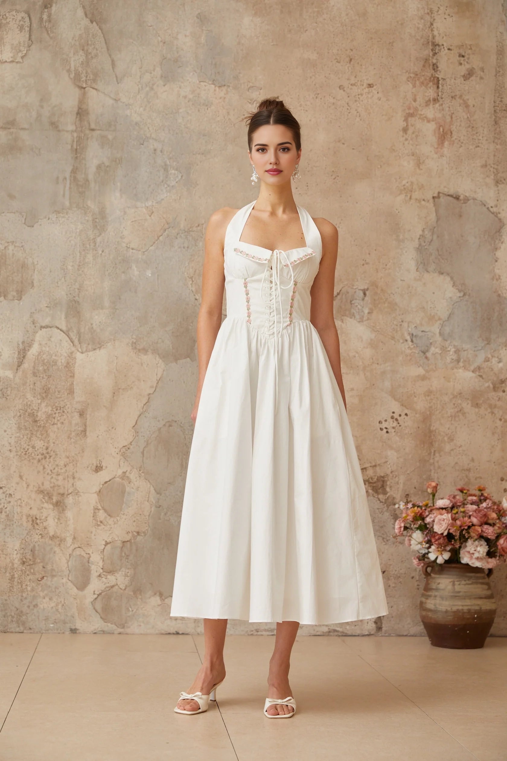 White Halter Neck Midi Dress with Corset Detail and Floral Accents white lace-up-detail shirred midi dress Evening Dress