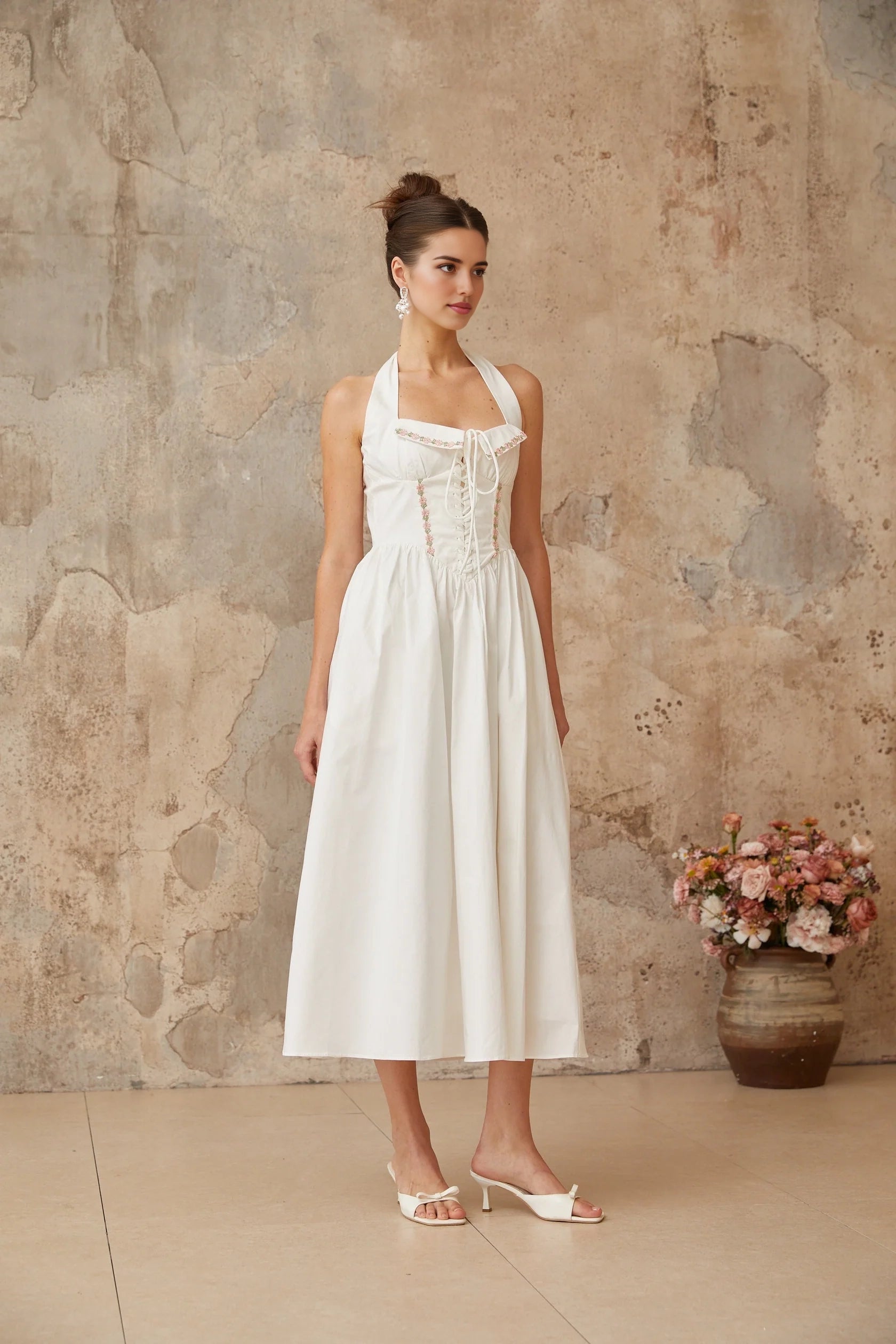 White Halter Neck Midi Dress with Corset Detail and Floral Accents white lace-up-detail shirred midi dress Evening Dress