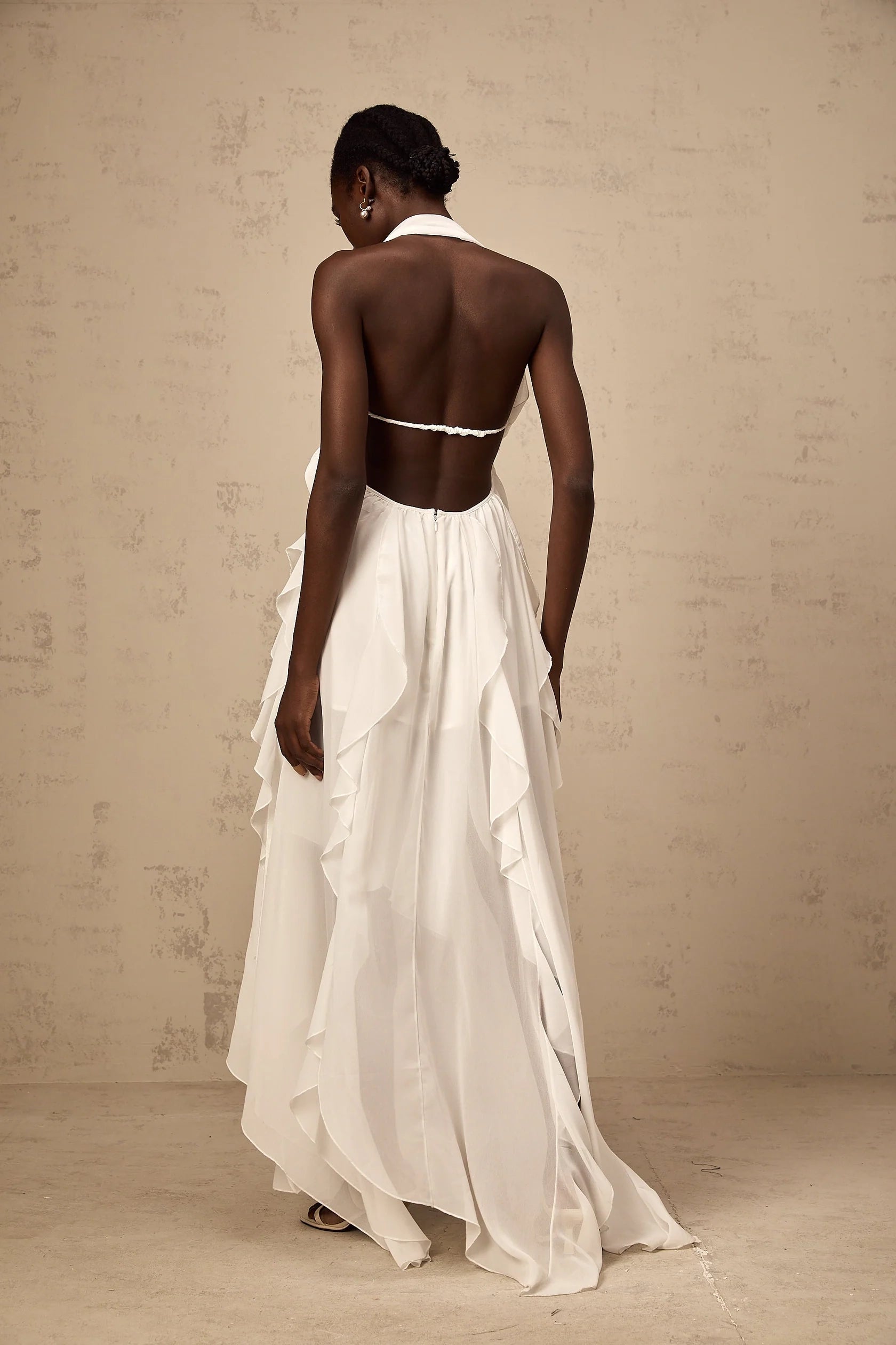 White Halter Neck Ruffled Open - Back Maxi Dress White Chiffon Ruffle Halterneck Maxi Dress Evening Dress