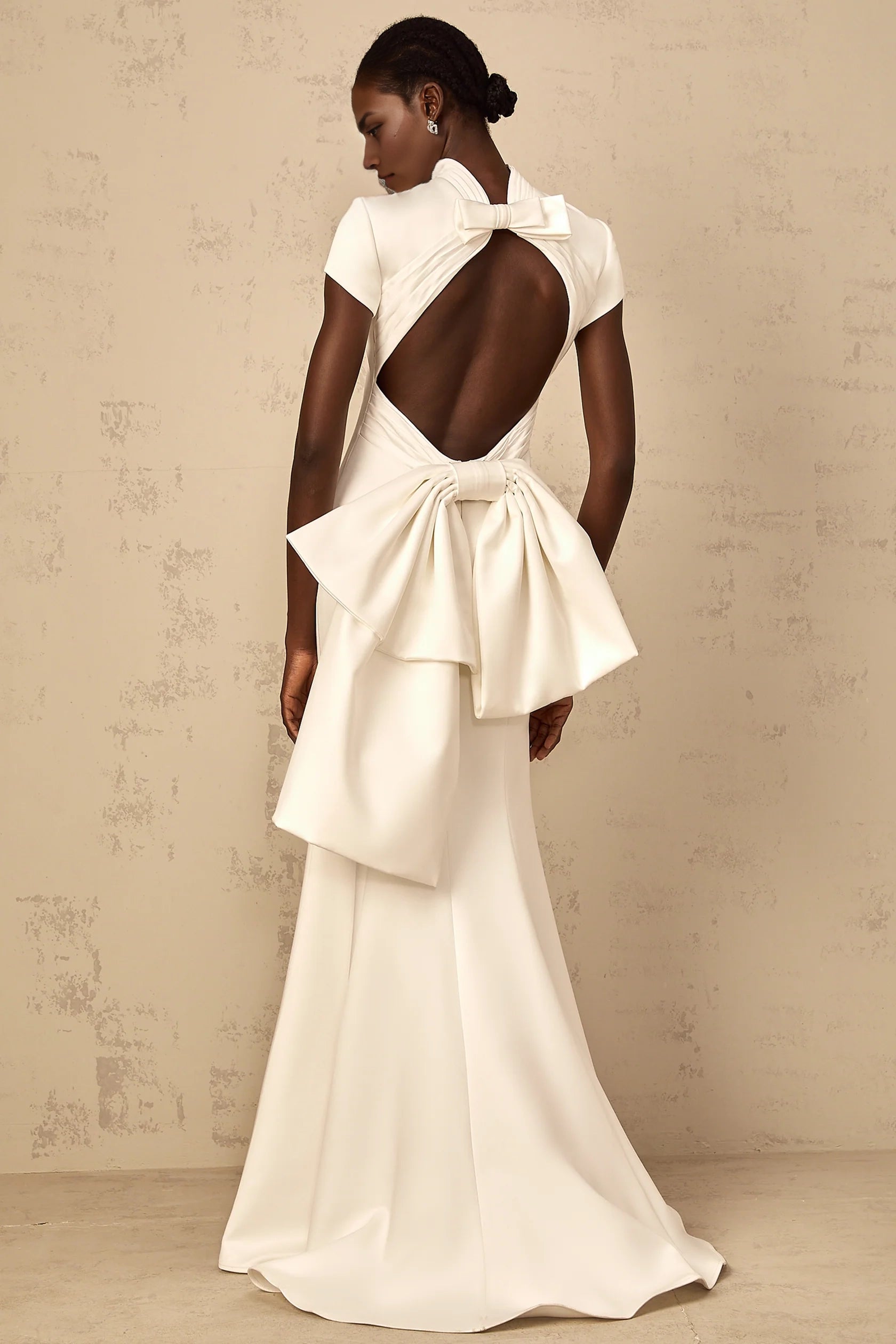 White High Neck Open Back Maxi Dress with Bow Detail Camille White Statement Bow Mermaid Maxi Dress Evening Dress