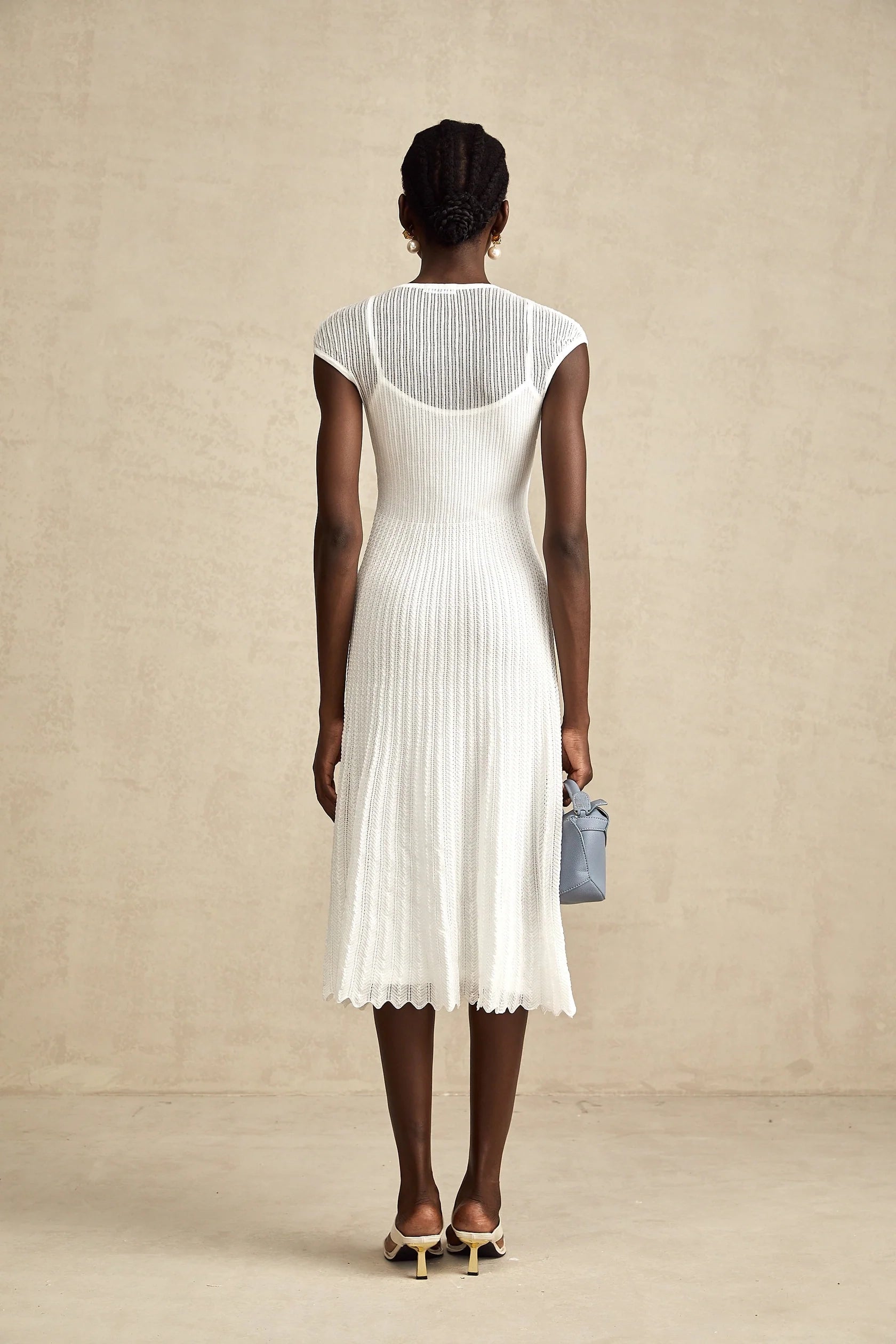 White Knit Cap Sleeve Midi Dress white scallop-hem semi-sheer midi dress Evening Dress