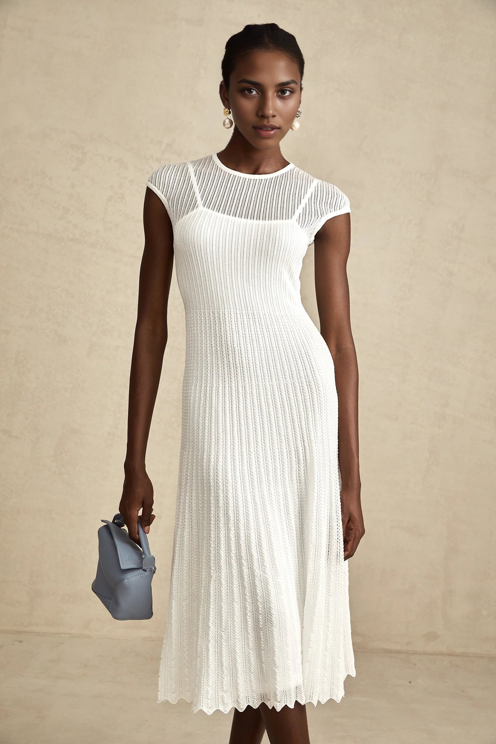 White Knit Cap Sleeve Midi Dress white scallop-hem semi-sheer midi dress Evening Dress