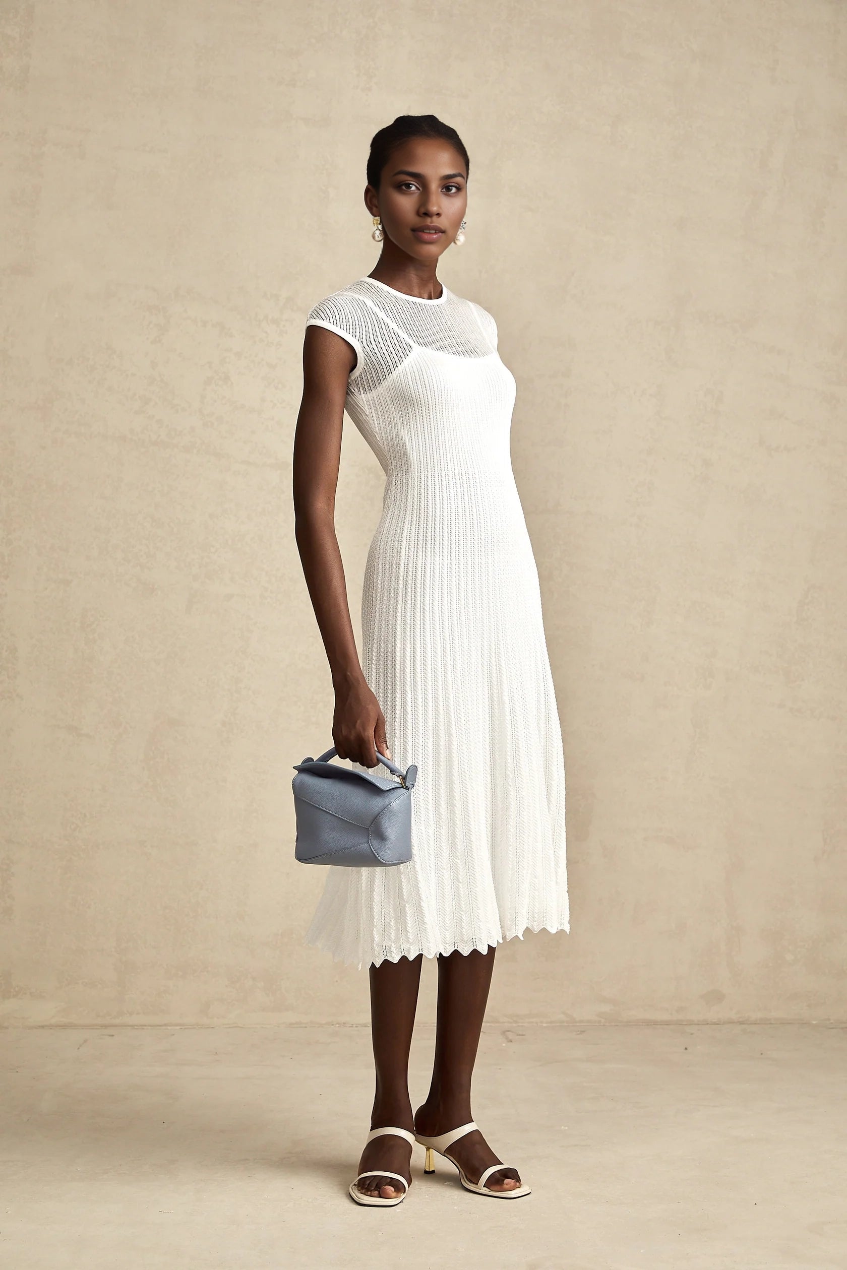 White Knit Cap Sleeve Midi Dress white scallop-hem semi-sheer midi dress Evening Dress