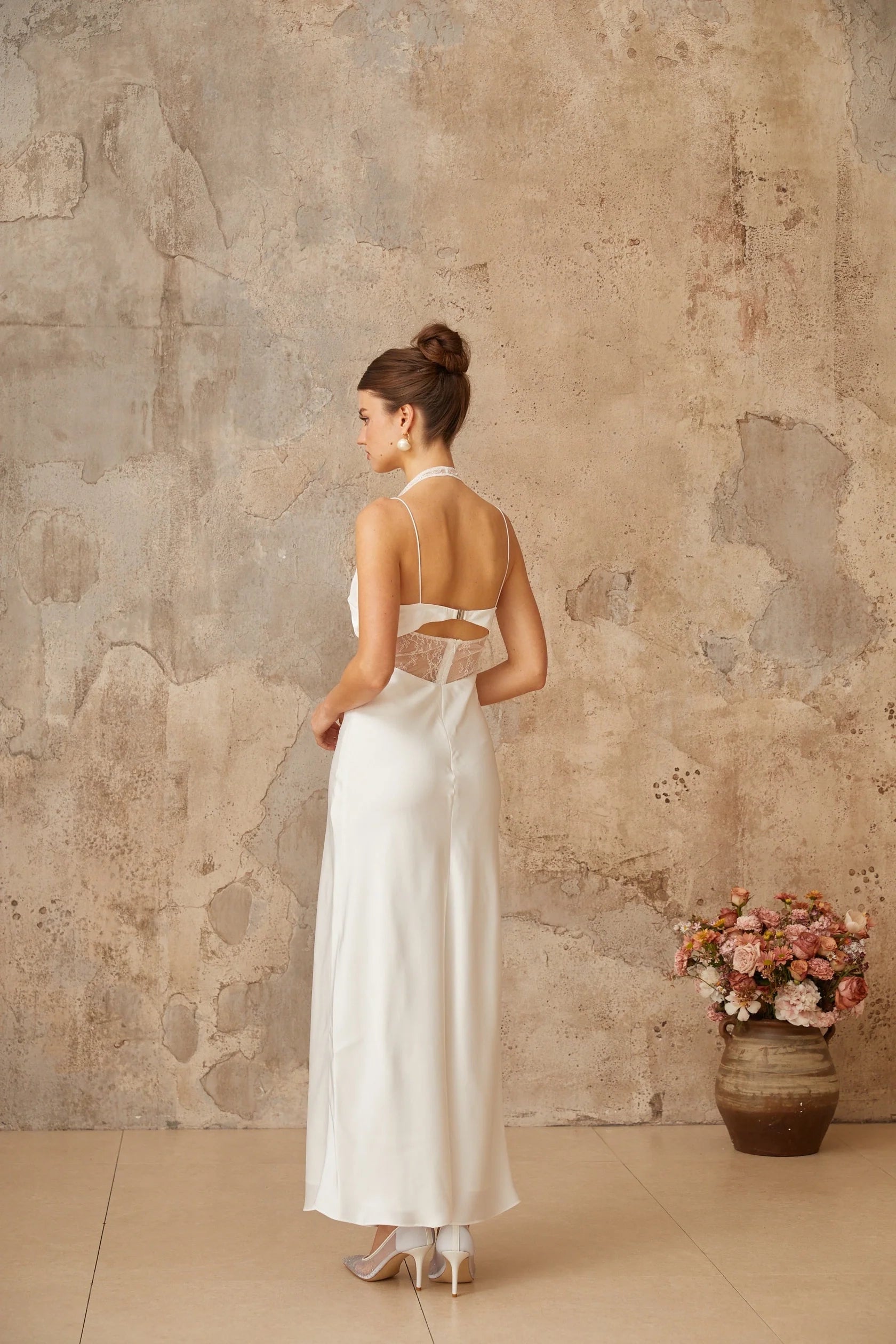 White Lace Cut - Out Halter Neck Maxi Dress Blanche white lace-panel satin maxi dress Evening Dress