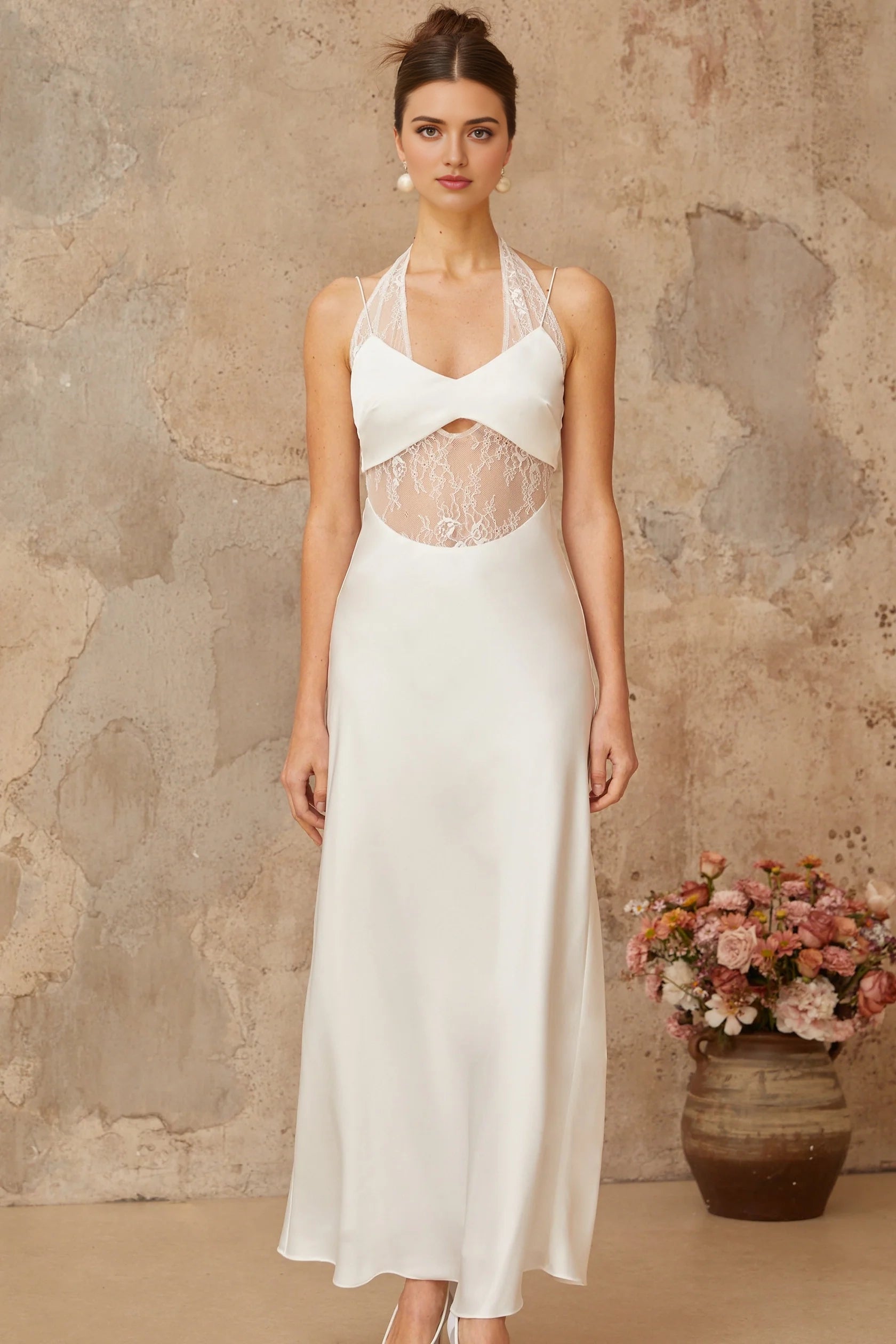 White Lace Cut - Out Halter Neck Maxi Dress Blanche white lace-panel satin maxi dress Evening Dress