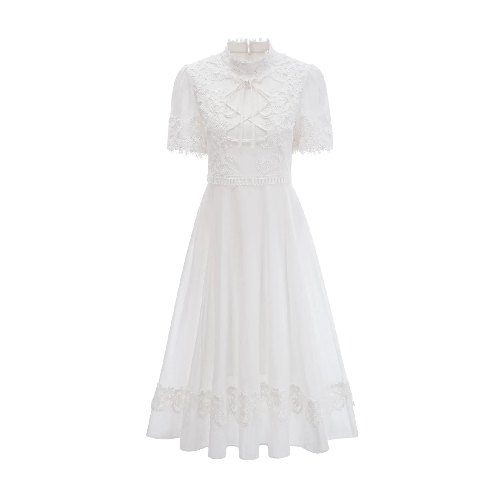 White Lace - Detailed Midi Dress with Tie Neck Patricia white floral-lace midi dress Evening Dress