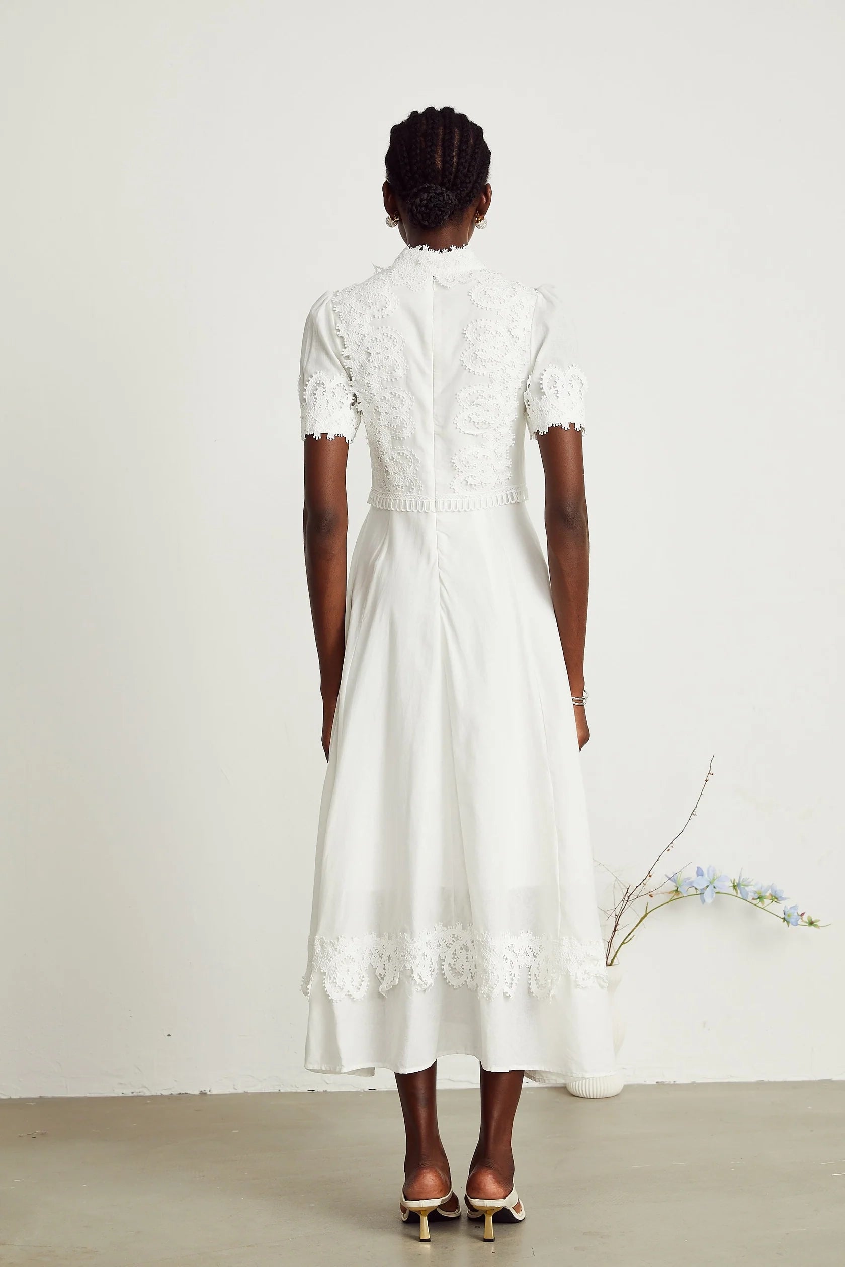White Lace - Detailed Midi Dress with Tie Neck Patricia white floral-lace midi dress Evening Dress