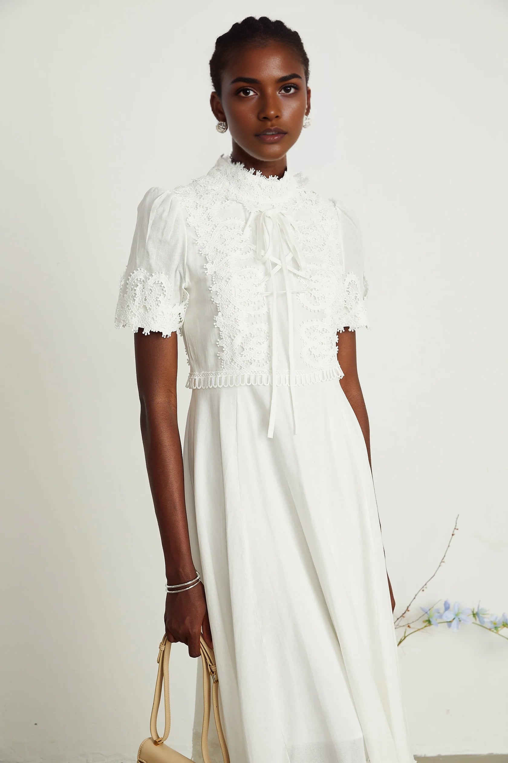 White Lace - Detailed Midi Dress with Tie Neck Patricia white floral-lace midi dress Evening Dress