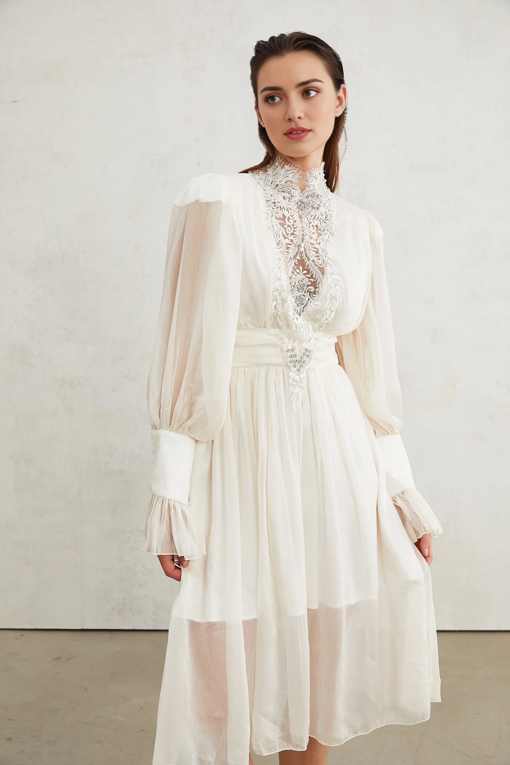 White Lace Embellished High - Neck Midi Dress Mirage lace-detail embellished dress Evening Dress