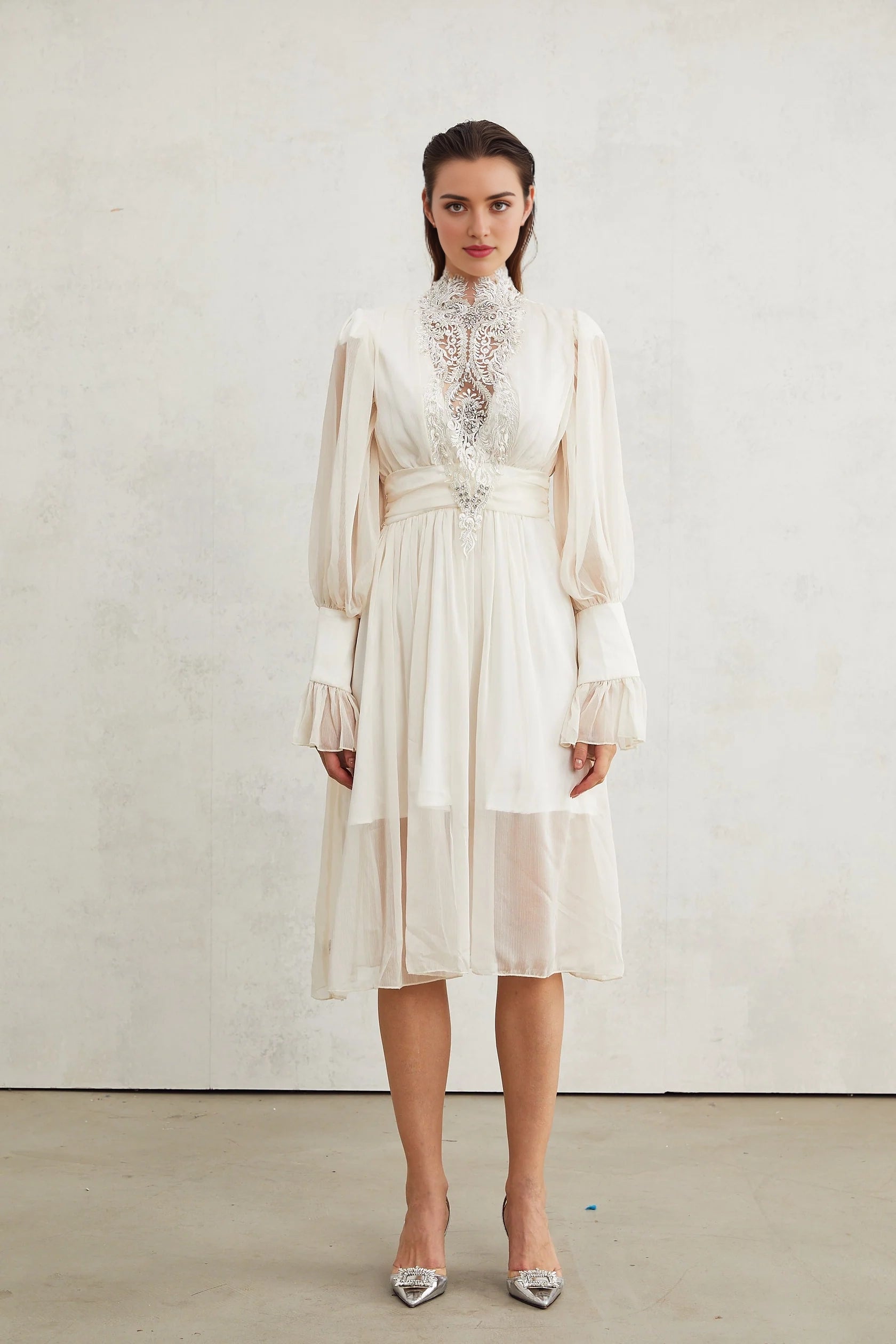 White Lace Embellished High - Neck Midi Dress Mirage lace-detail embellished dress Evening Dress