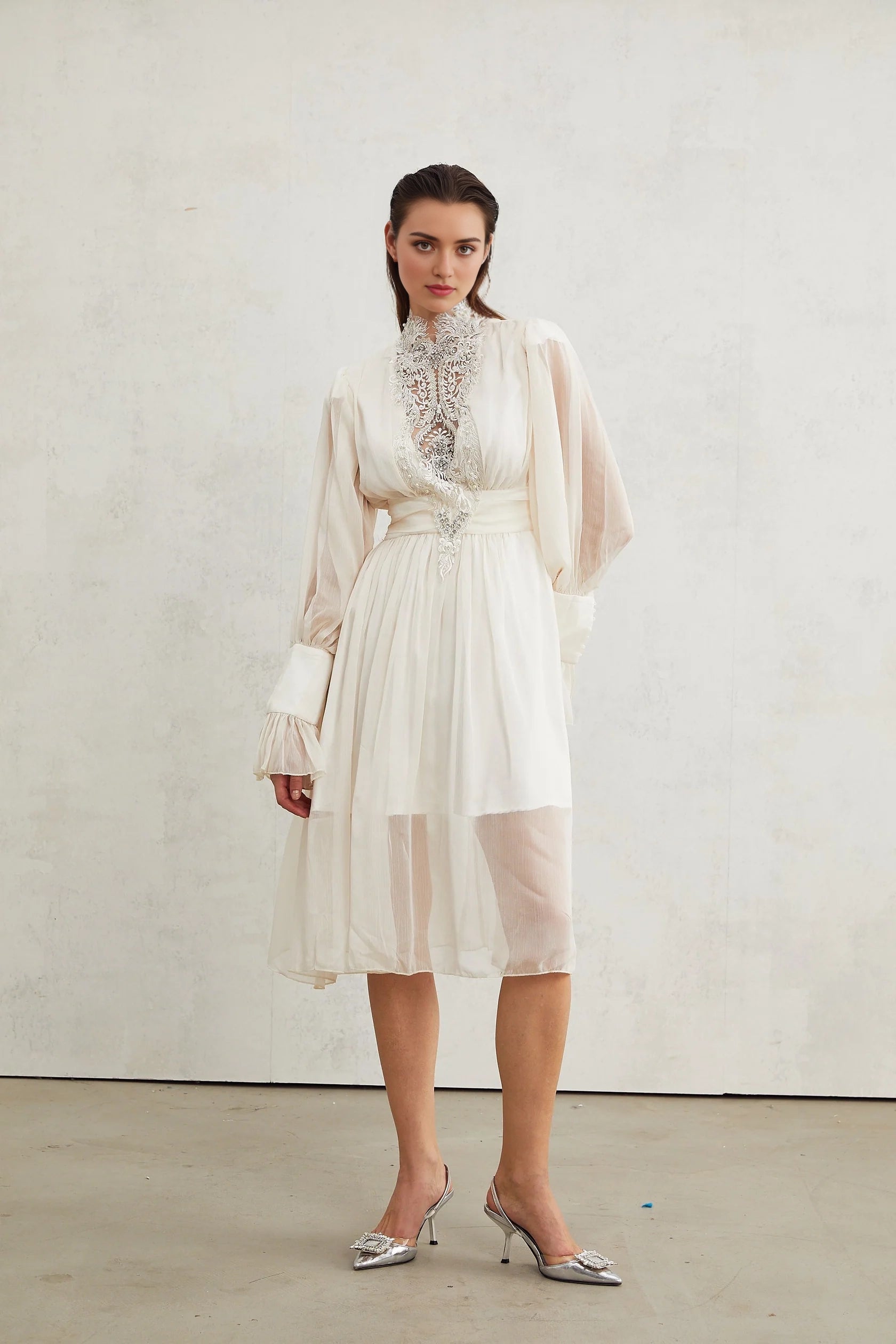 White Lace Embellished High - Neck Midi Dress Mirage lace-detail embellished dress Evening Dress