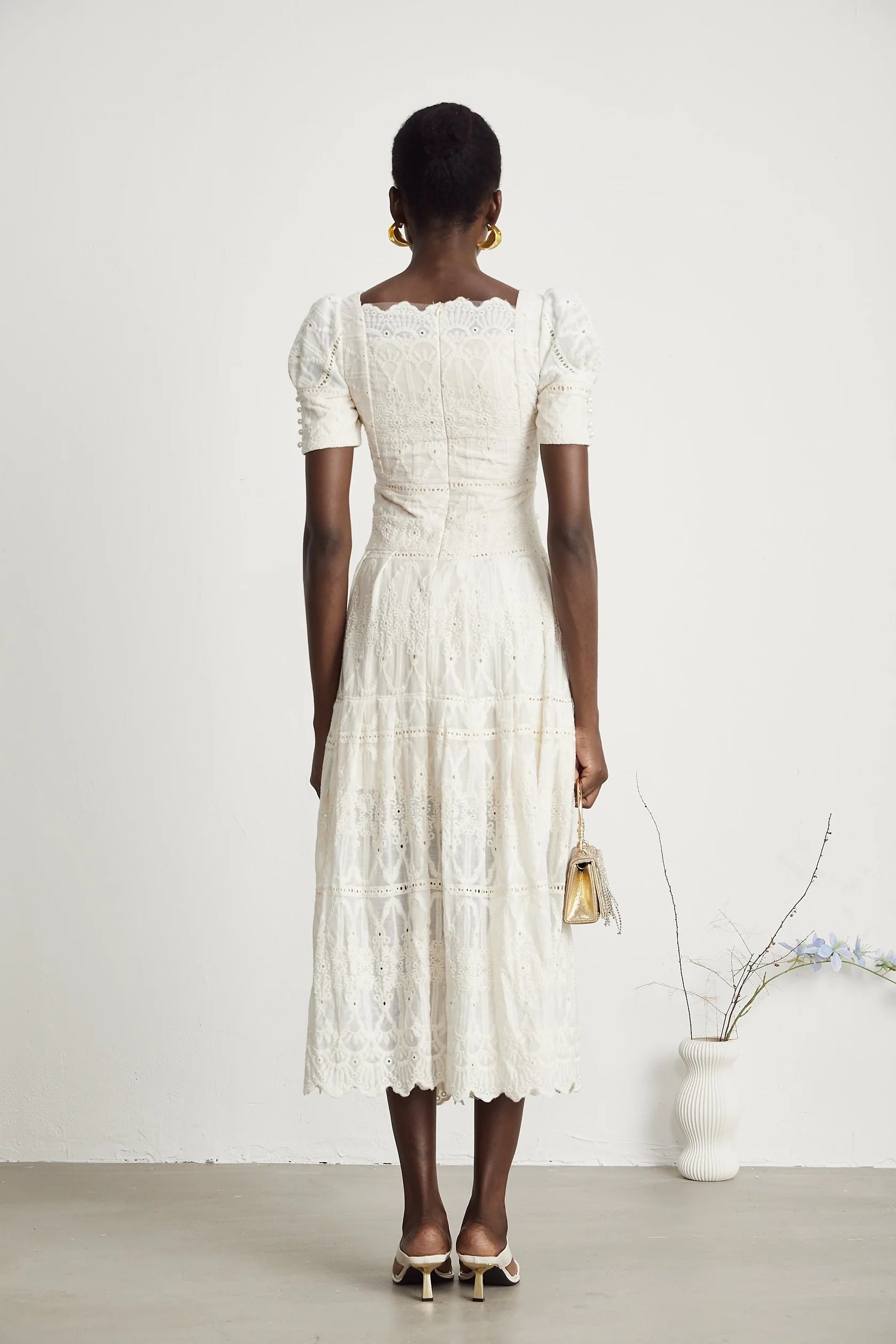 White Lace Puff Sleeve Midi Dress faux-pearl embellished cut-out midi dress Evening Dress