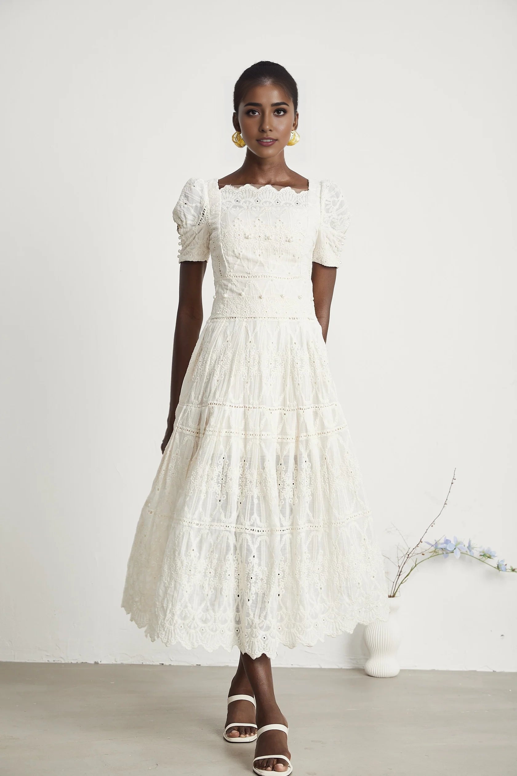 White Lace Puff Sleeve Midi Dress faux-pearl embellished cut-out midi dress Evening Dress