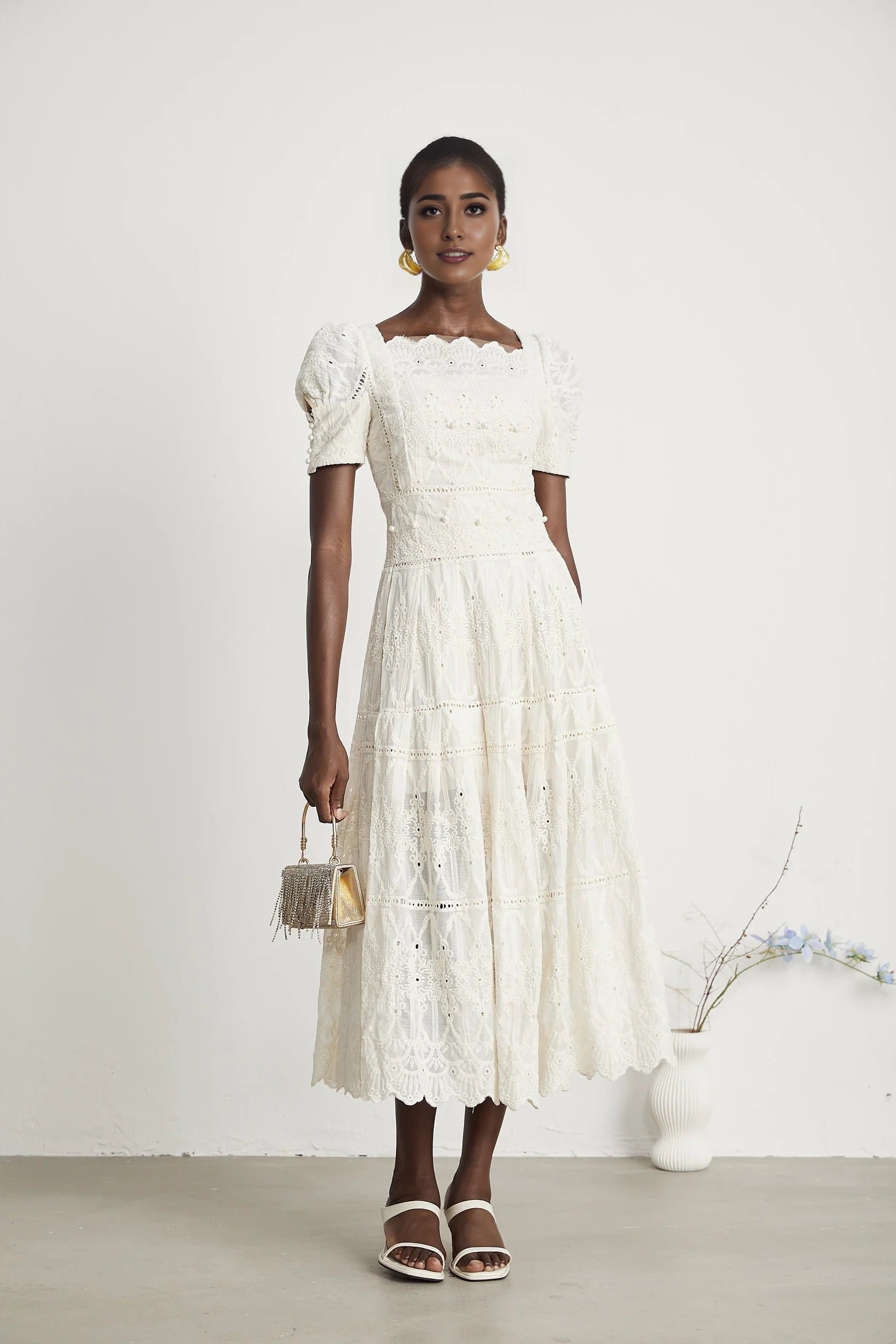 White Lace Puff Sleeve Midi Dress faux-pearl embellished cut-out midi dress Evening Dress