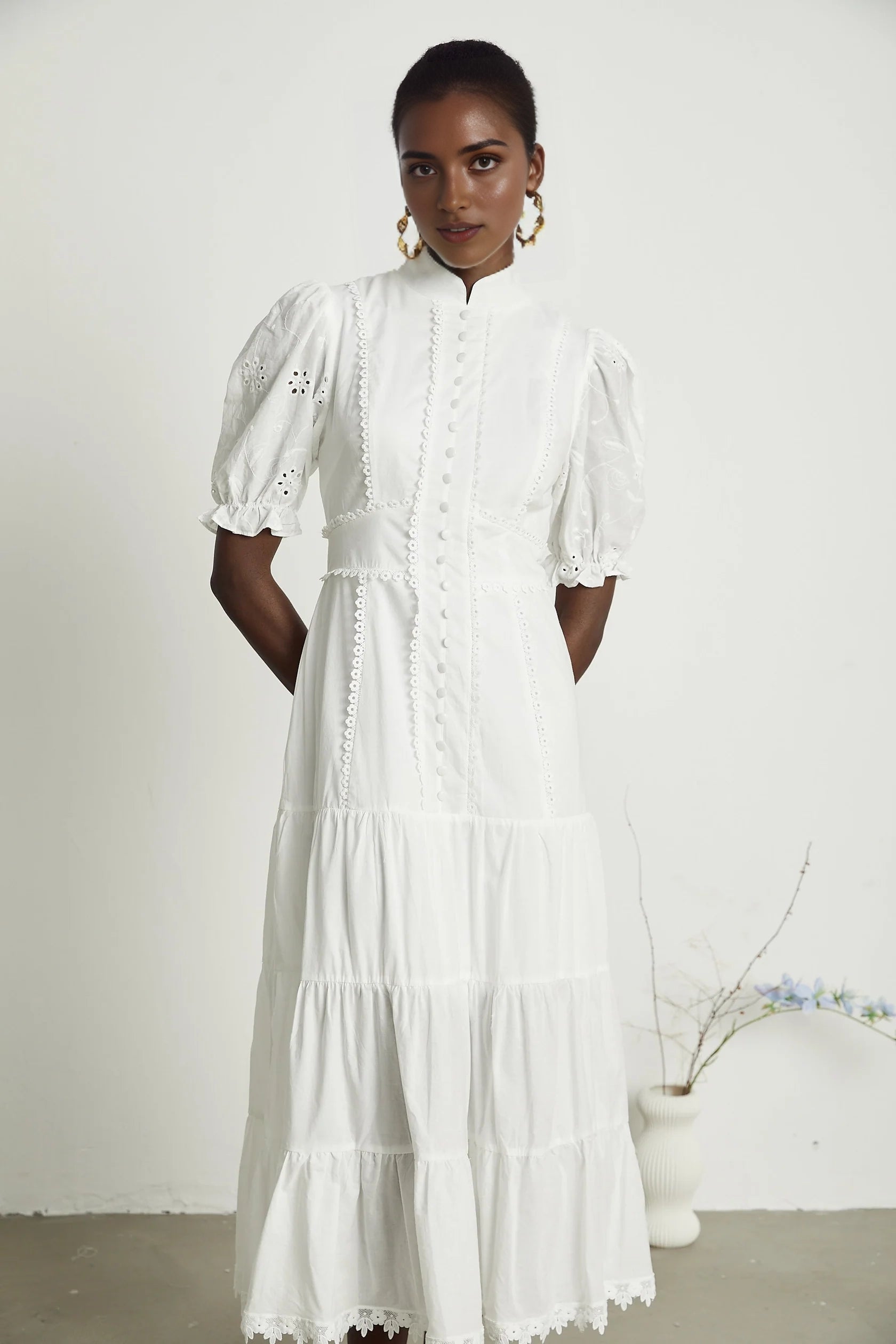 White Lace Trim Puff Sleeve Tiered Midi Dress lace floral-embroidered midi dress Evening Dress
