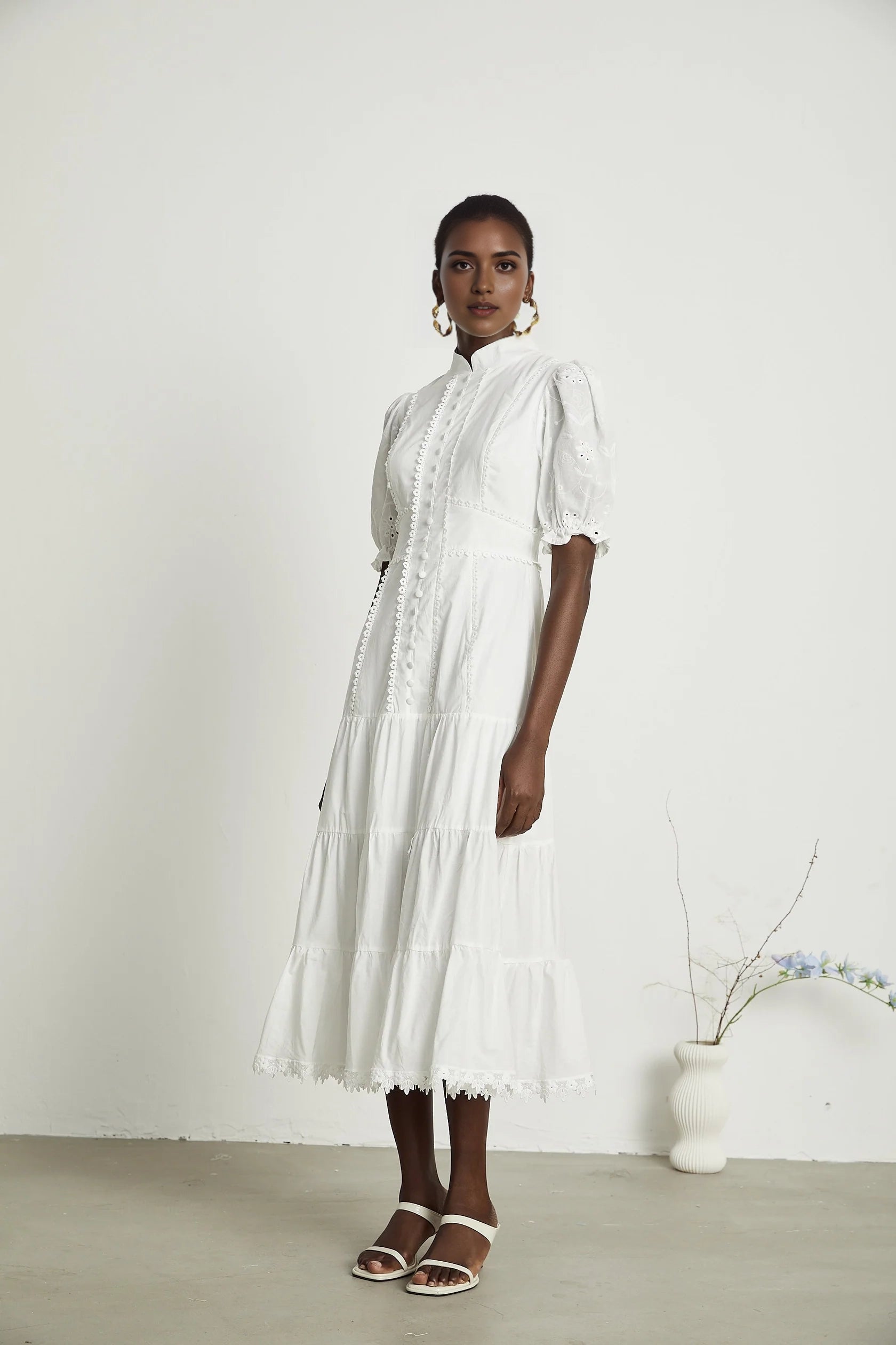 White Lace Trim Puff Sleeve Tiered Midi Dress lace floral-embroidered midi dress Evening Dress