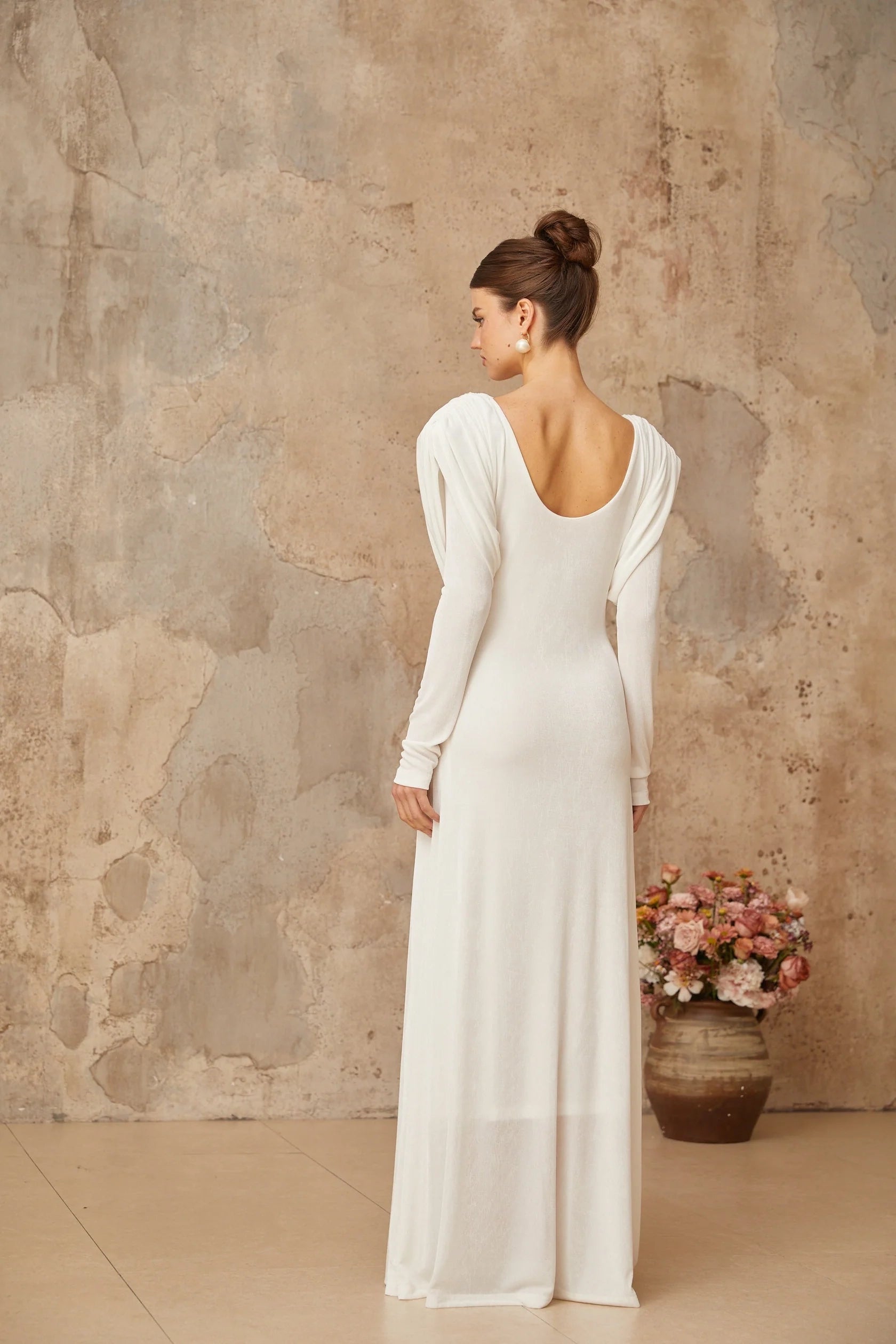 White Long Sleeve Maxi Dress with Cutout Detail white draped shirred maxi dress Evening Dress