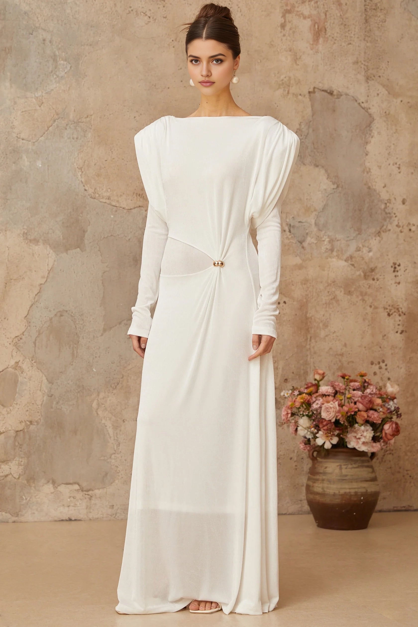 White Long Sleeve Maxi Dress with Cutout Detail white draped shirred maxi dress Evening Dress