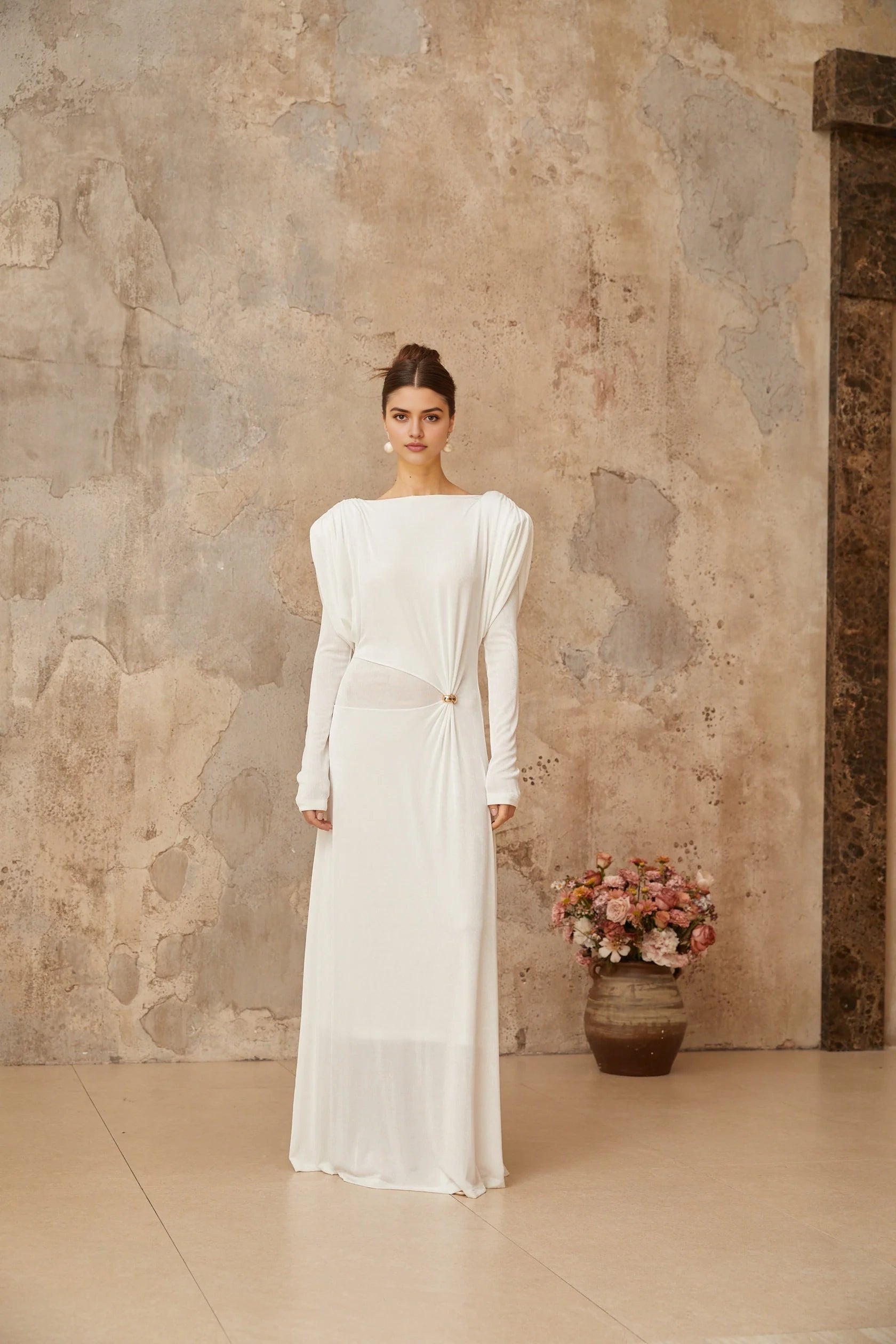 White Long Sleeve Maxi Dress with Cutout Detail white draped shirred maxi dress Evening Dress