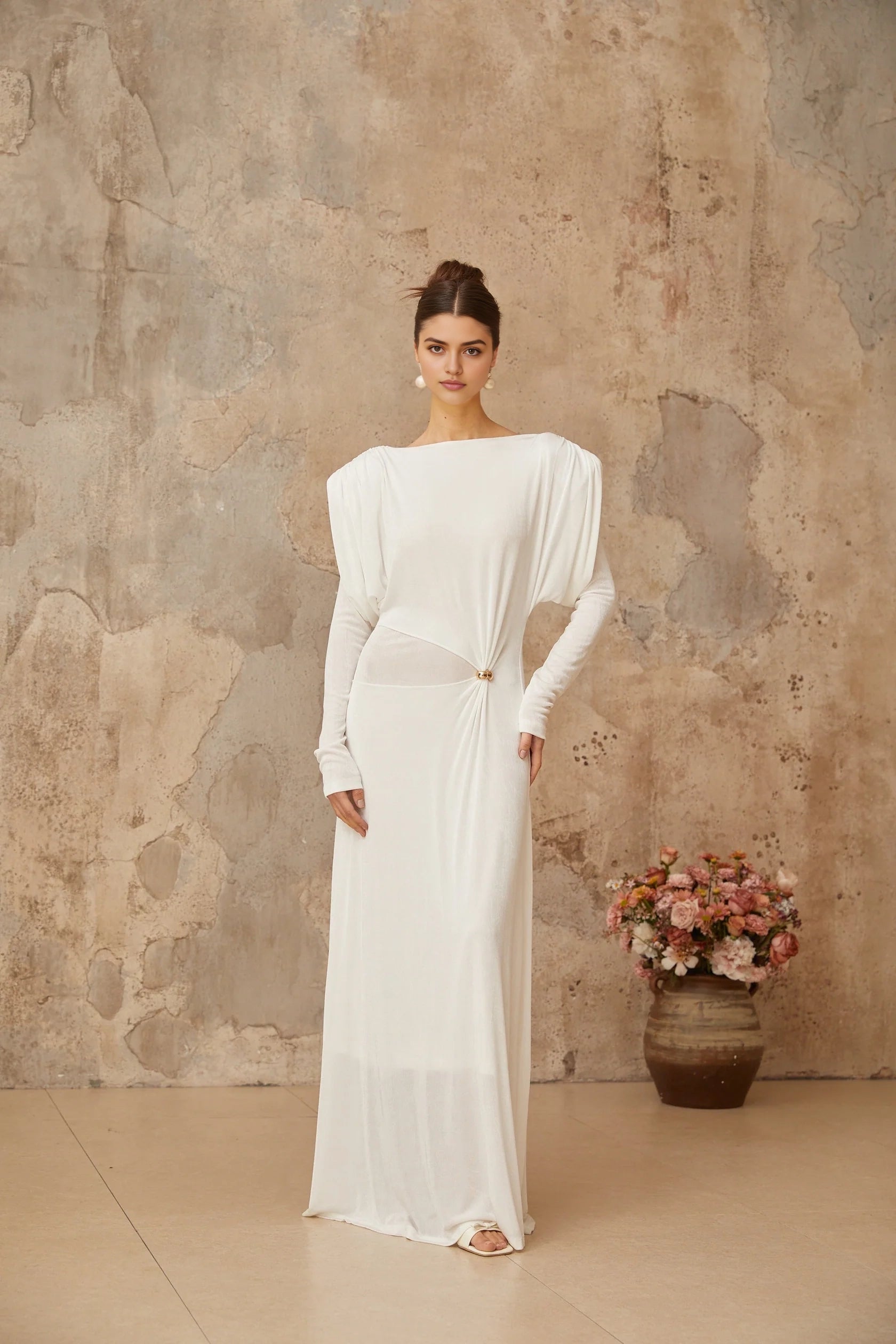 White Long Sleeve Maxi Dress with Cutout Detail white draped shirred maxi dress Evening Dress