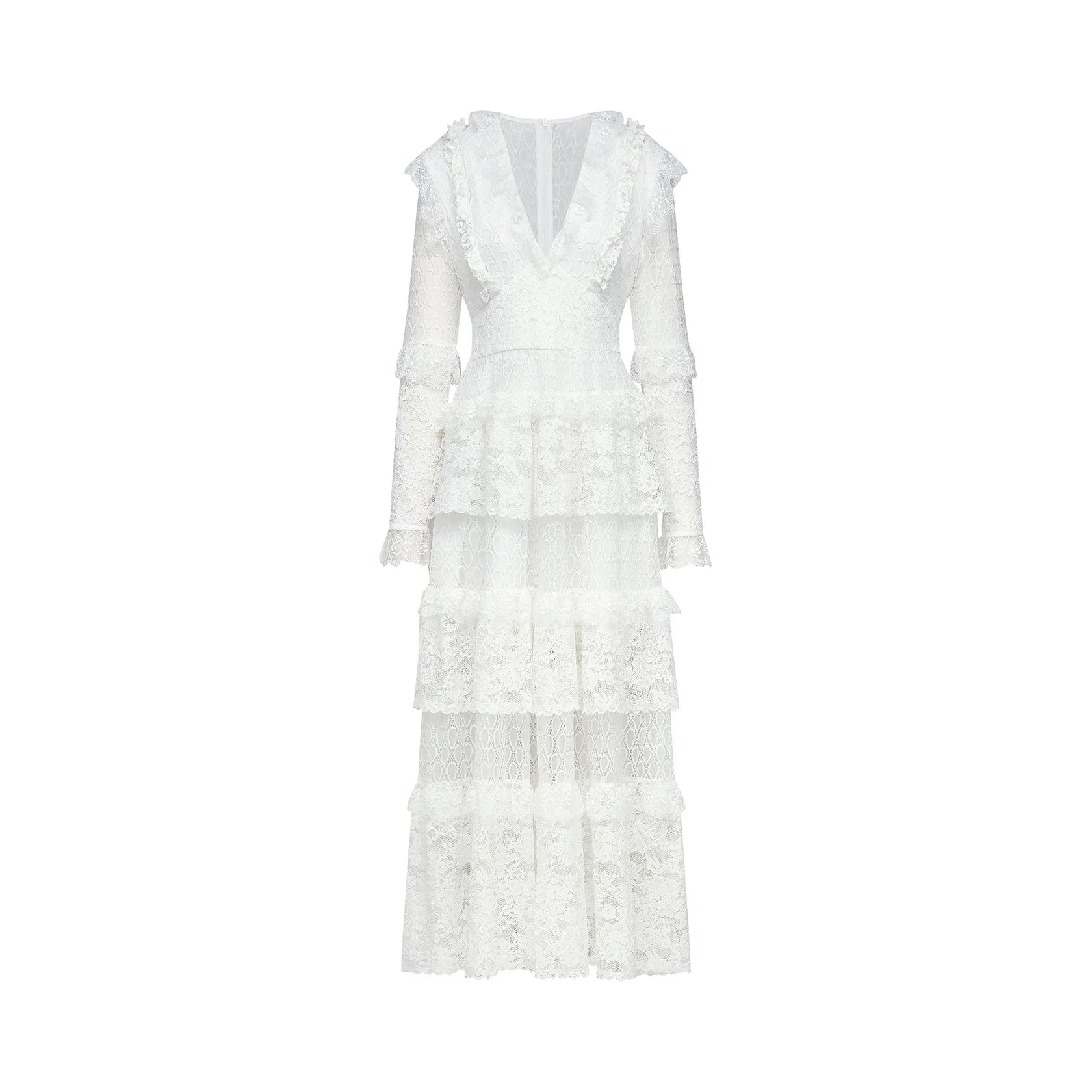 White Long Sleeve Tiered Lace Maxi Dress  layered cut-out lace embroidered midi dress Evening Dress