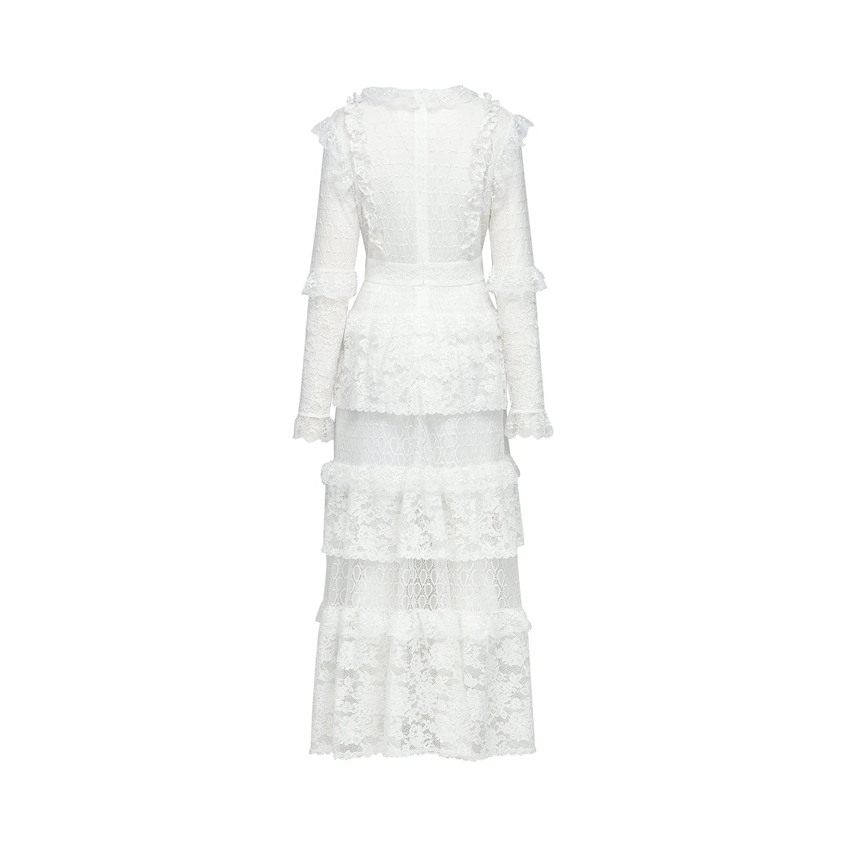 White Long Sleeve Tiered Lace Maxi Dress  layered cut-out lace embroidered midi dress Evening Dress