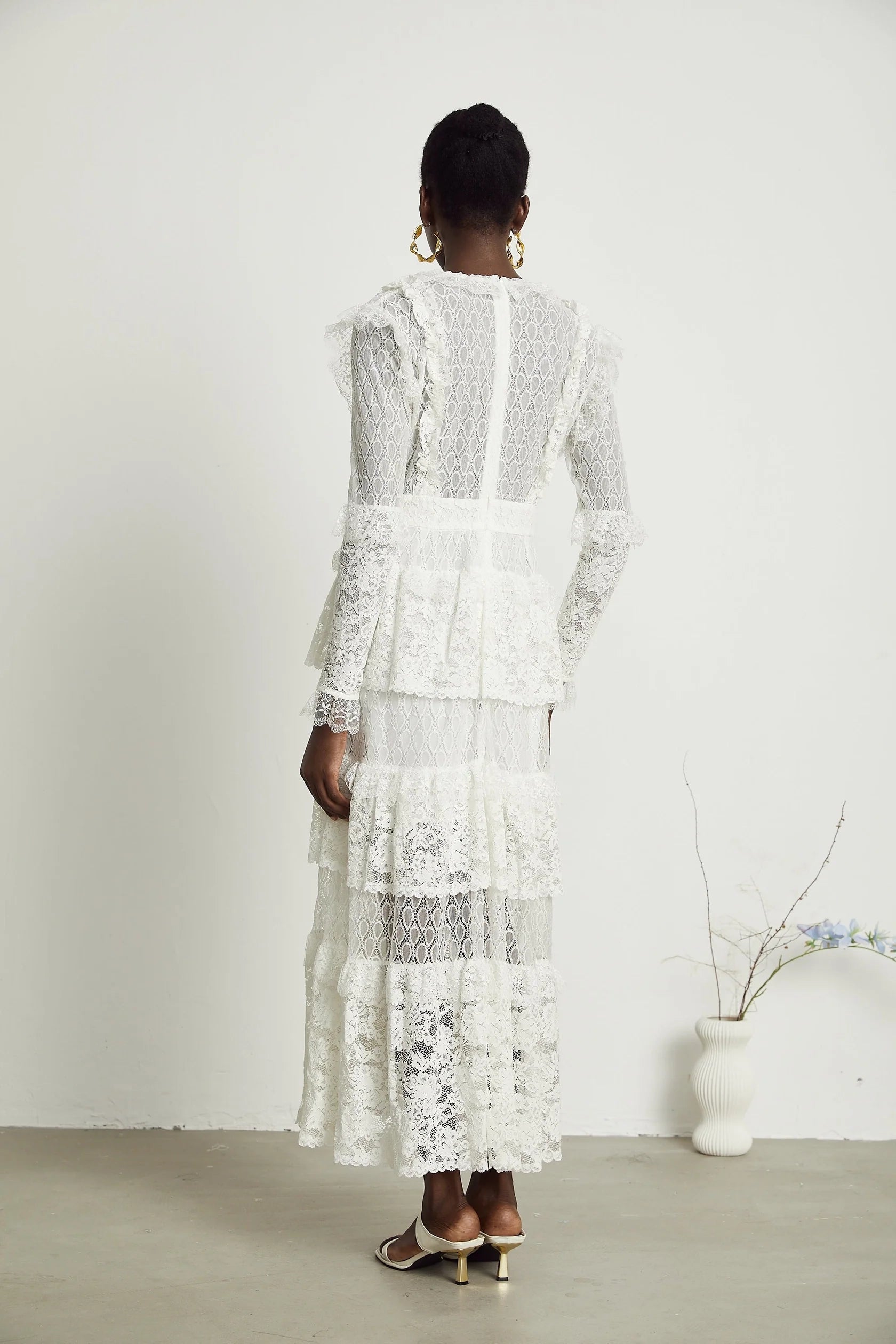 White Long Sleeve Tiered Lace Maxi Dress  layered cut-out lace embroidered midi dress Evening Dress