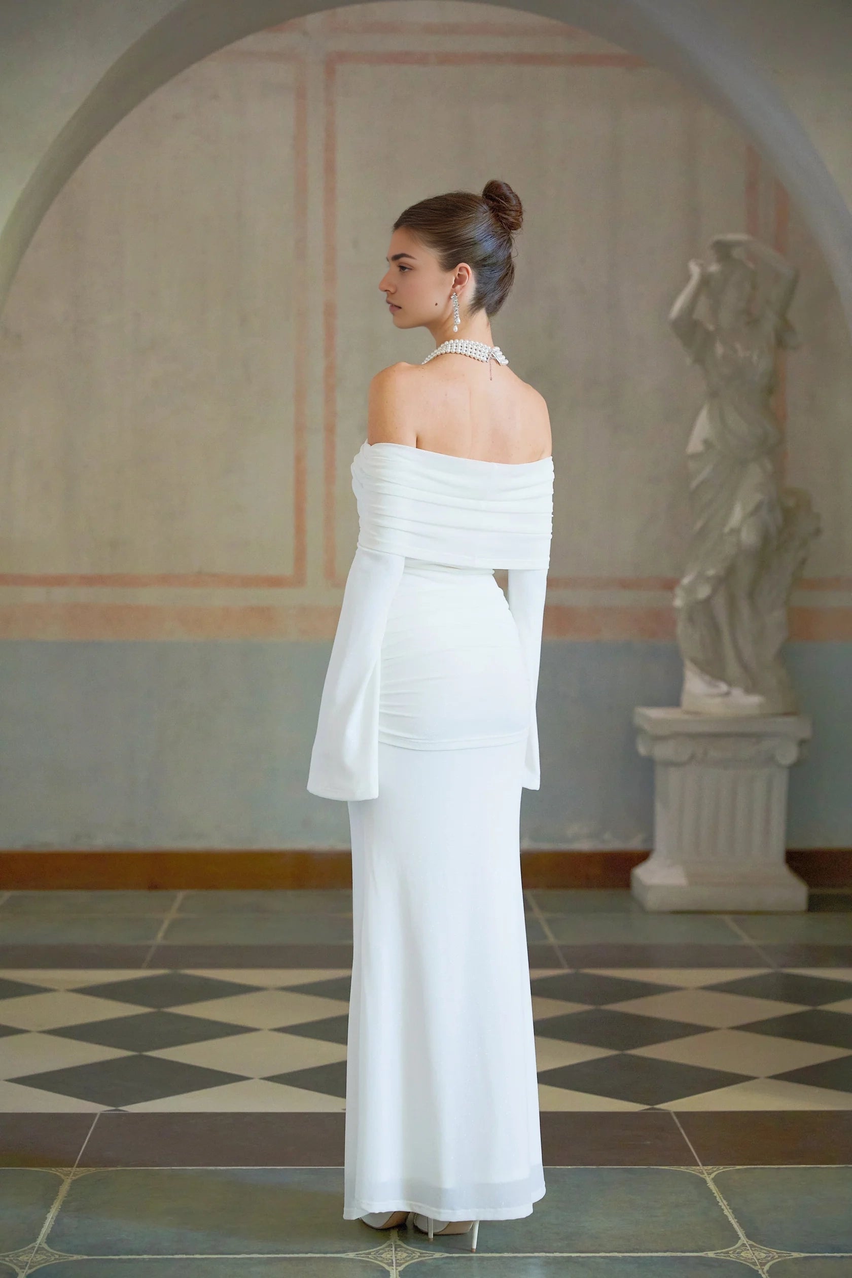 White Off - Shoulder Long Sleeve Maxi Dress with Floral Detail Wanda white glittered floral-appliqué knit maxi dress Evening Dress