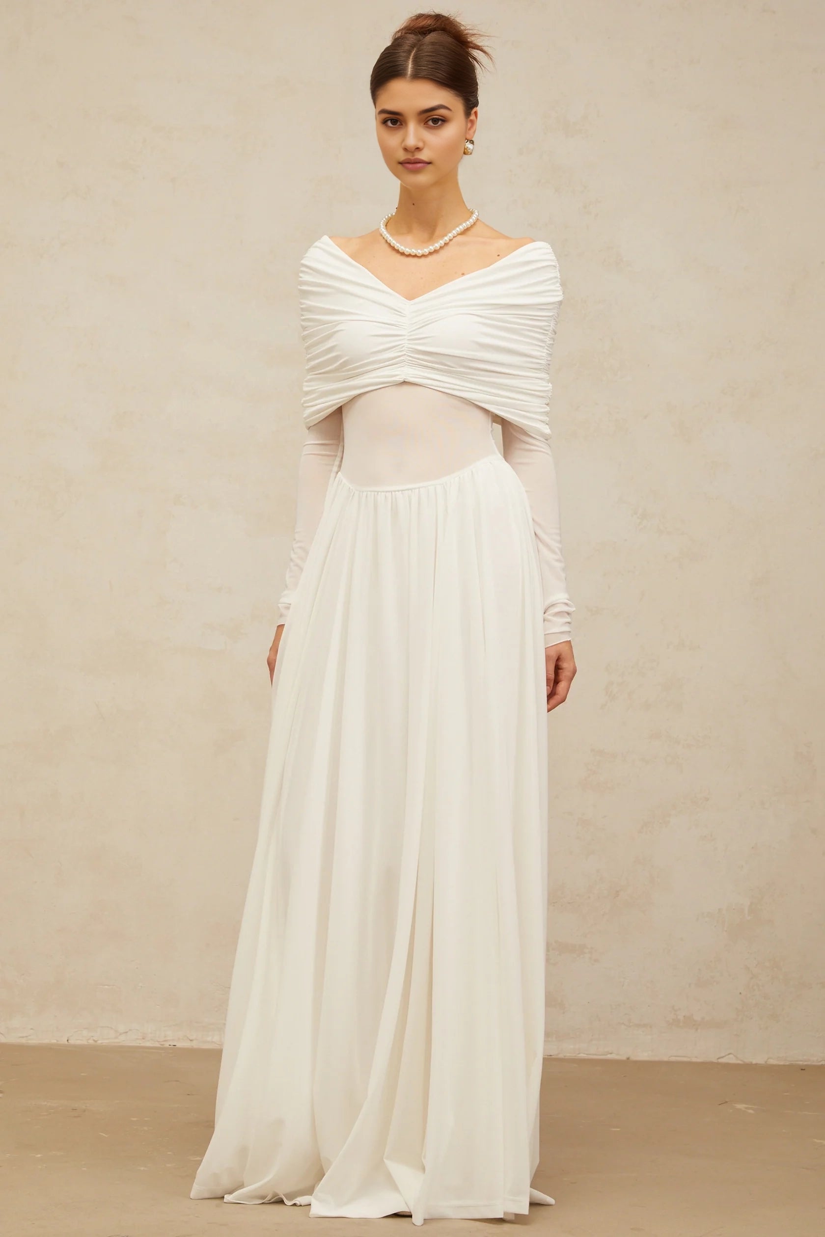 White Off - Shoulder Maxi Dress with Sheer Bodice Detail white draped-detail ruched maxi dress Evening Dress