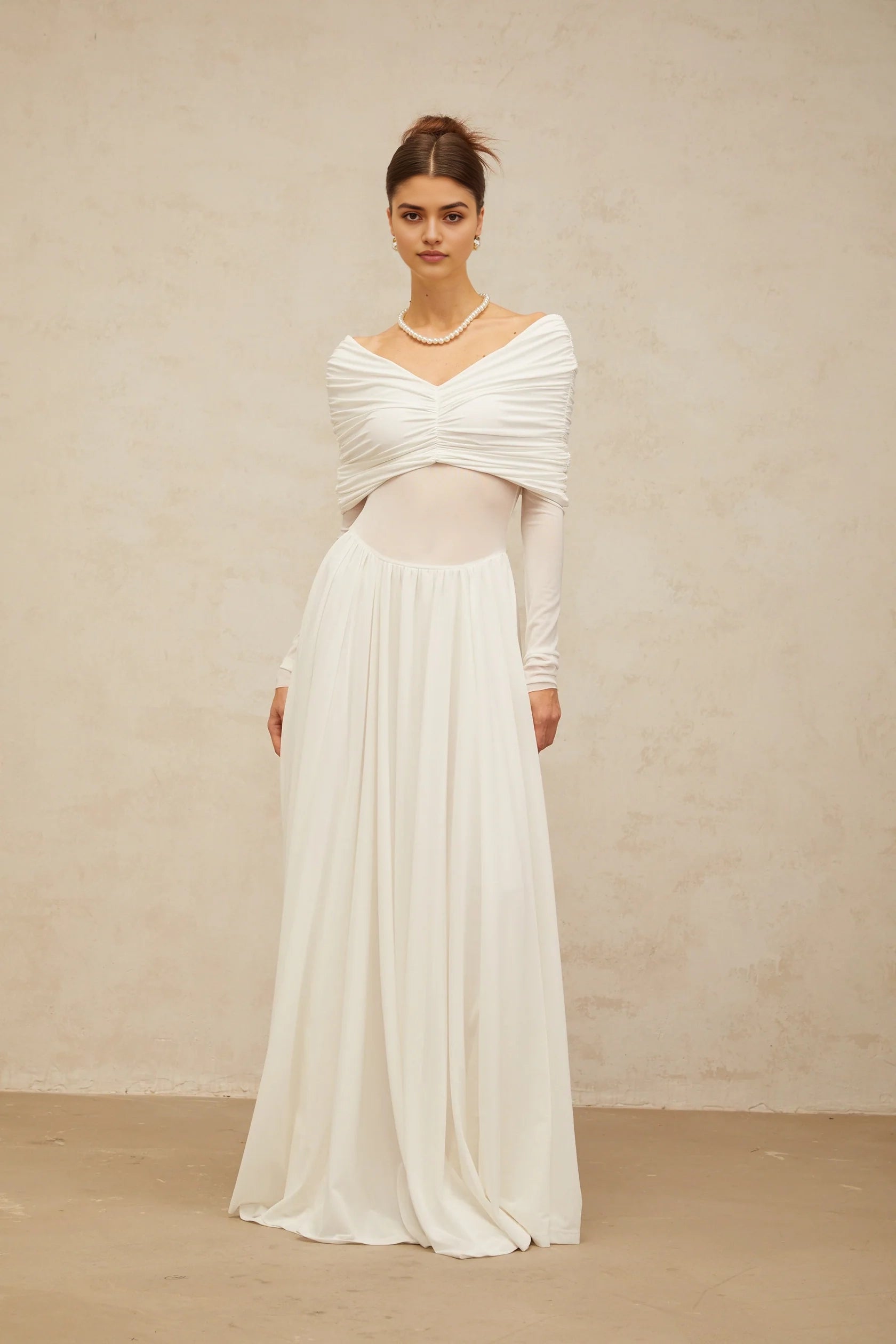 White Off - Shoulder Maxi Dress with Sheer Bodice Detail white draped-detail ruched maxi dress Evening Dress