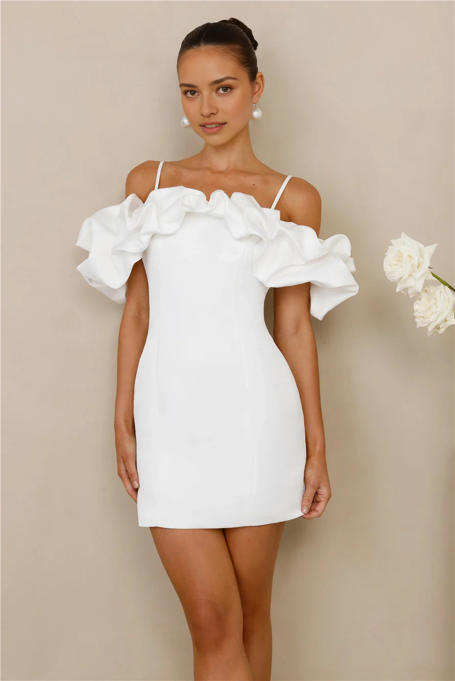 White Off-Shoulder Mini Dress with Ruffled Sleeves Off-the-shoulder elastic Flared skirt Short Prom Dress