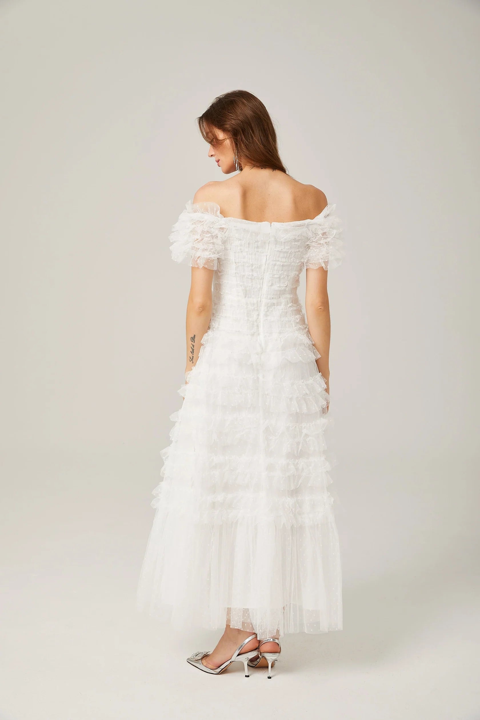 White Off - Shoulder Ruffled Tulle Maxi Dress Philippine ruffled tulle tiered midi dress Evening Dress