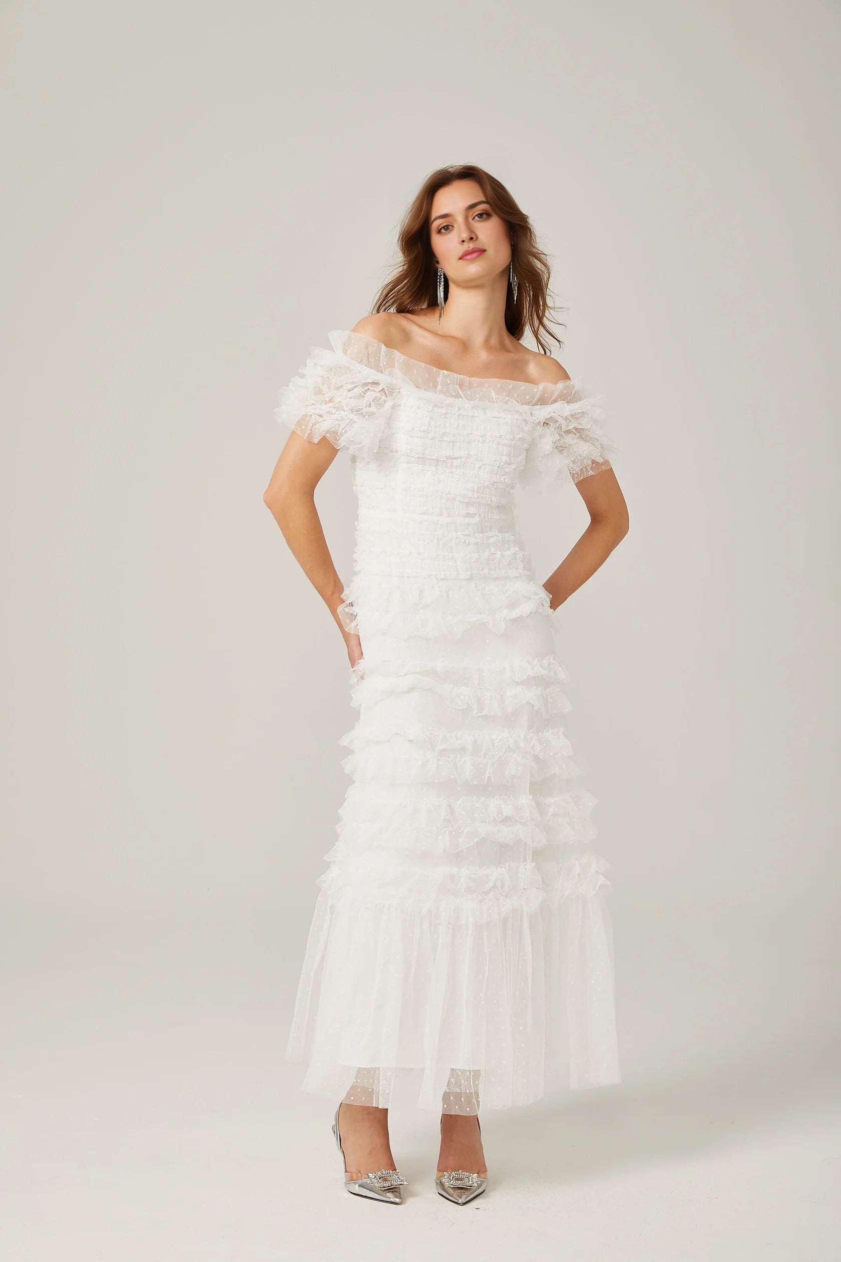 White Off - Shoulder Ruffled Tulle Maxi Dress Philippine ruffled tulle tiered midi dress Evening Dress