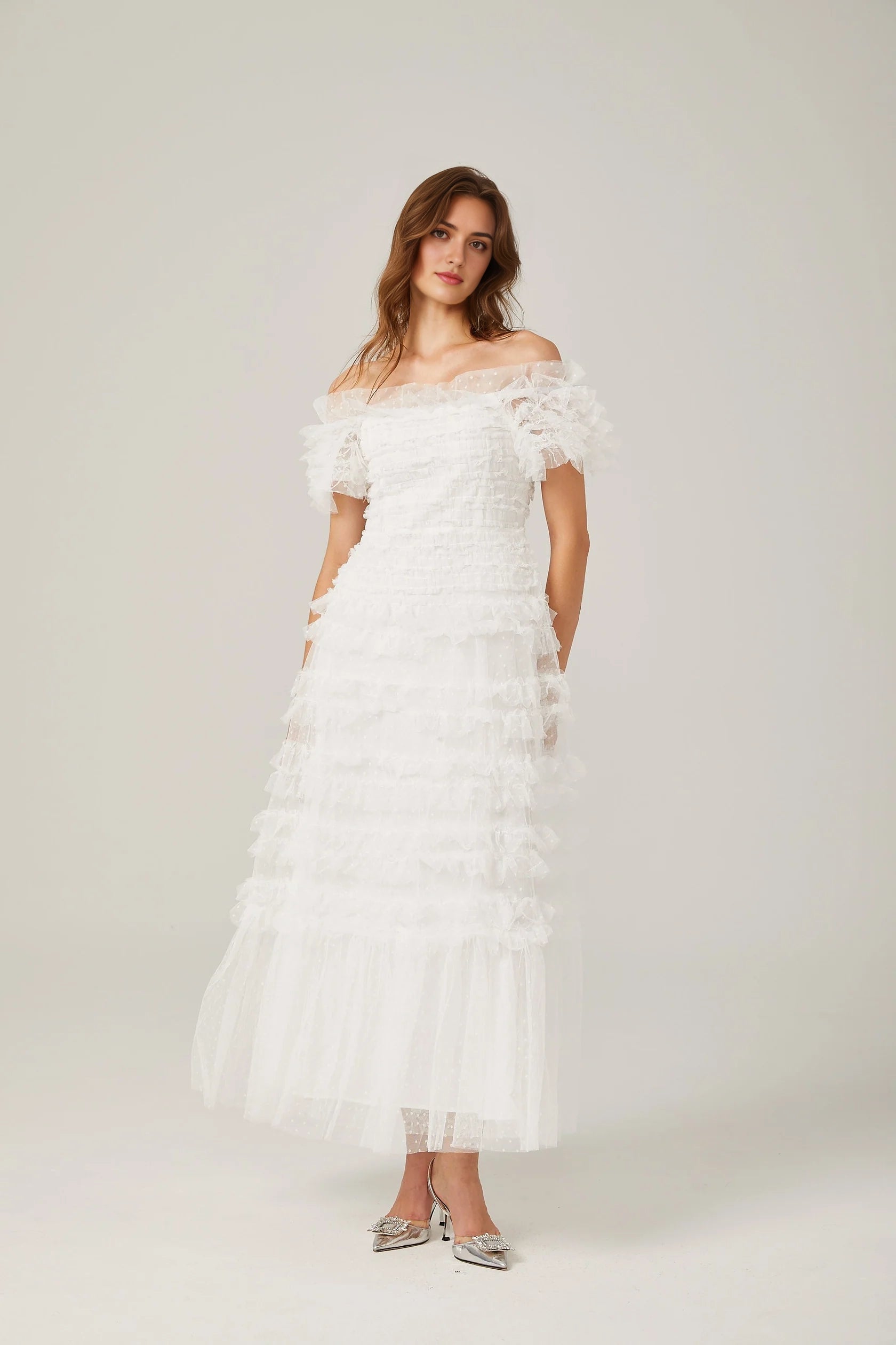 White Off - Shoulder Ruffled Tulle Maxi Dress Philippine ruffled tulle tiered midi dress Evening Dress