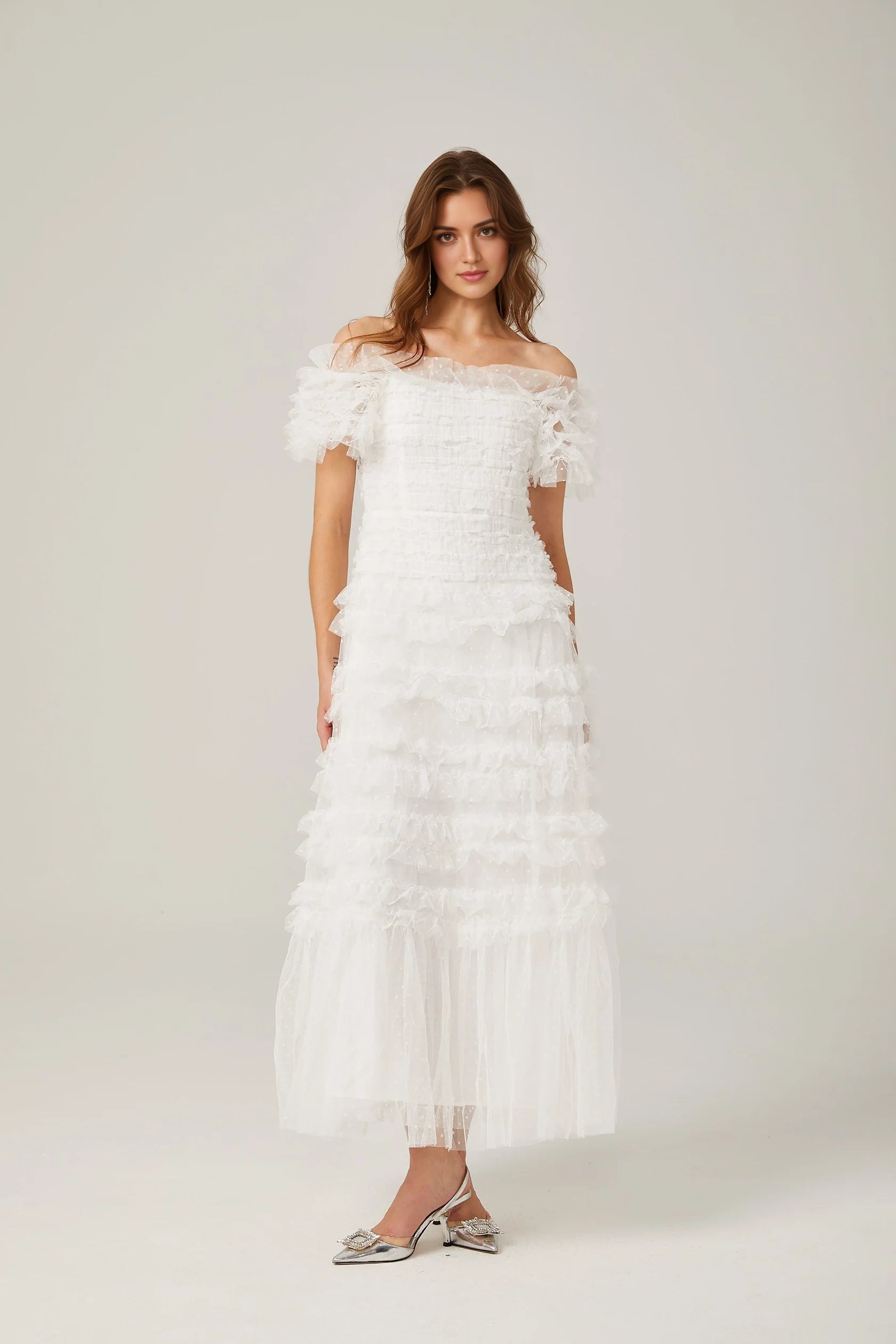 White Off - Shoulder Ruffled Tulle Maxi Dress Philippine ruffled tulle tiered midi dress Evening Dress