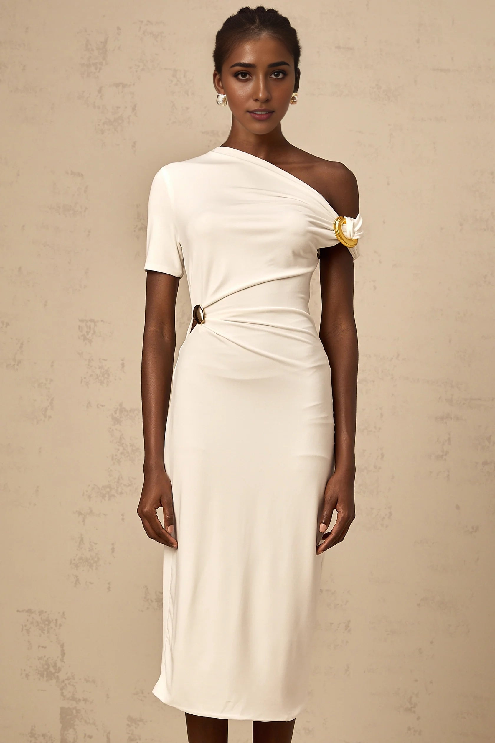 White One - Shoulder Cutout Midi Dress white asymmetrical buckle midi dress Evening Dress