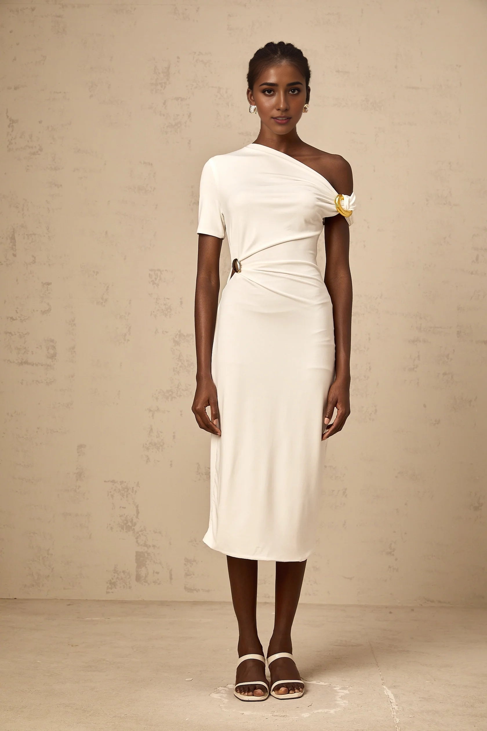 White One - Shoulder Cutout Midi Dress white asymmetrical buckle midi dress Evening Dress