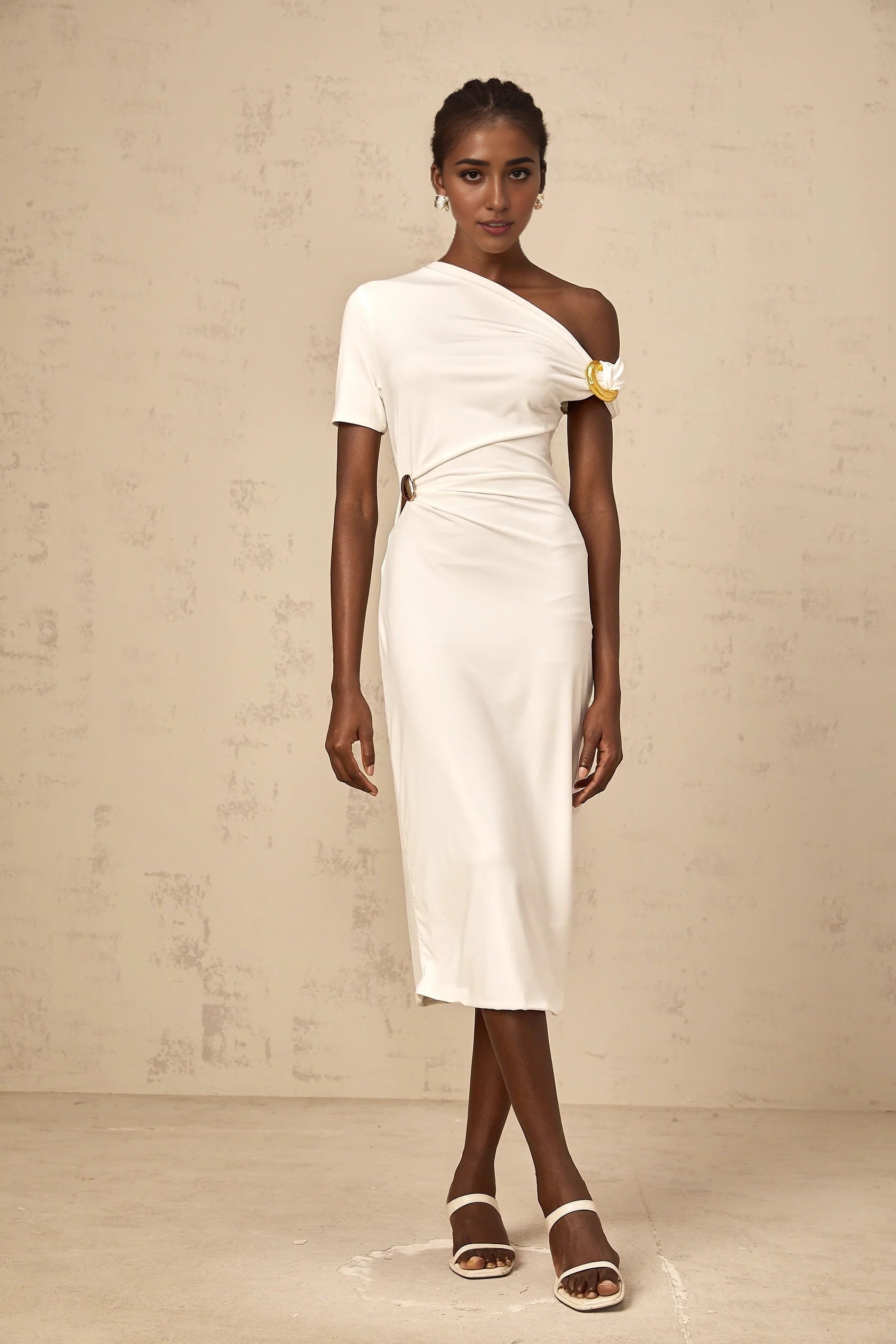 White One - Shoulder Cutout Midi Dress white asymmetrical buckle midi dress Evening Dress