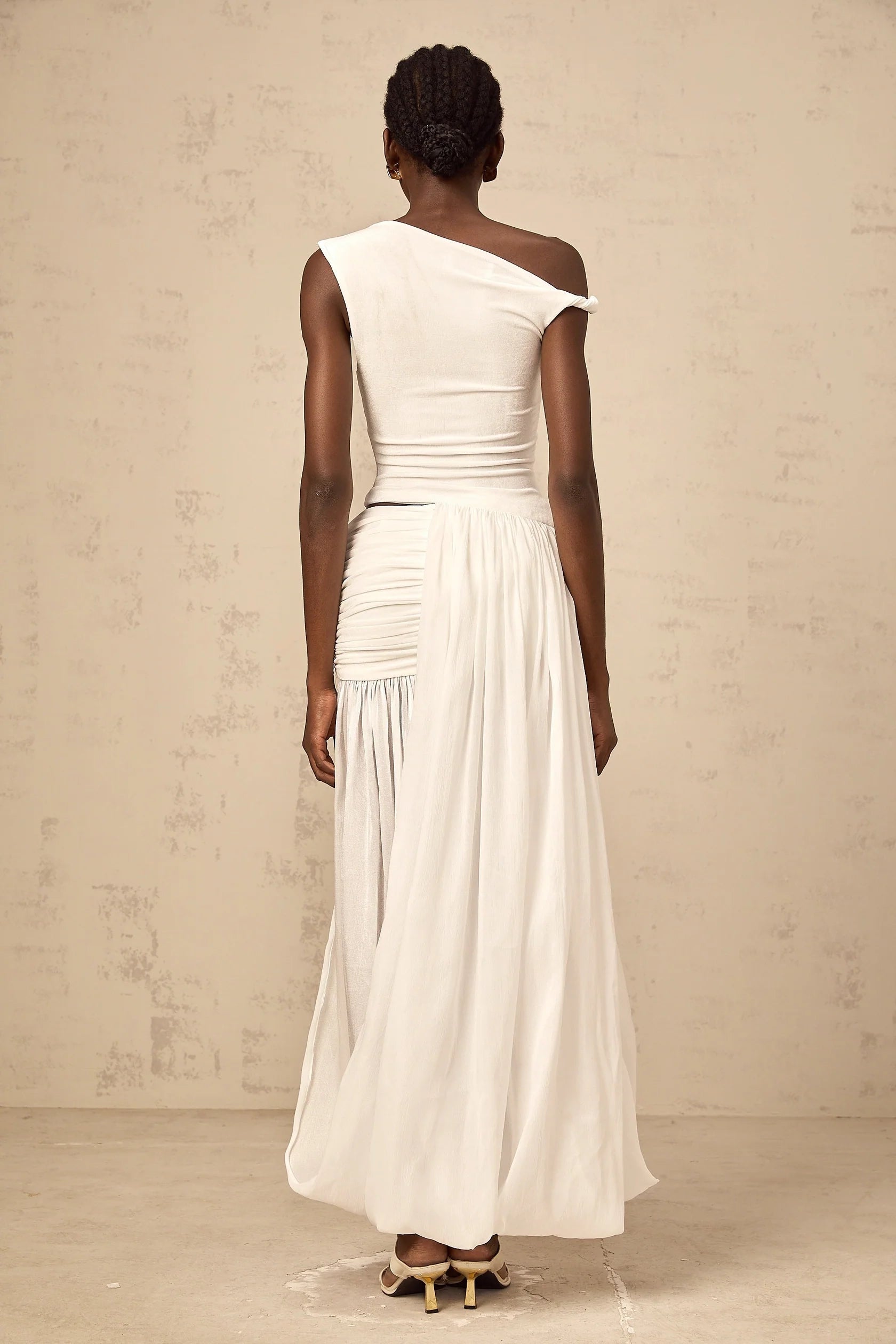 White One - Shoulder Draped Maxi Dress mono-shoulder shirred-panel maxi dress in White Evening Dress