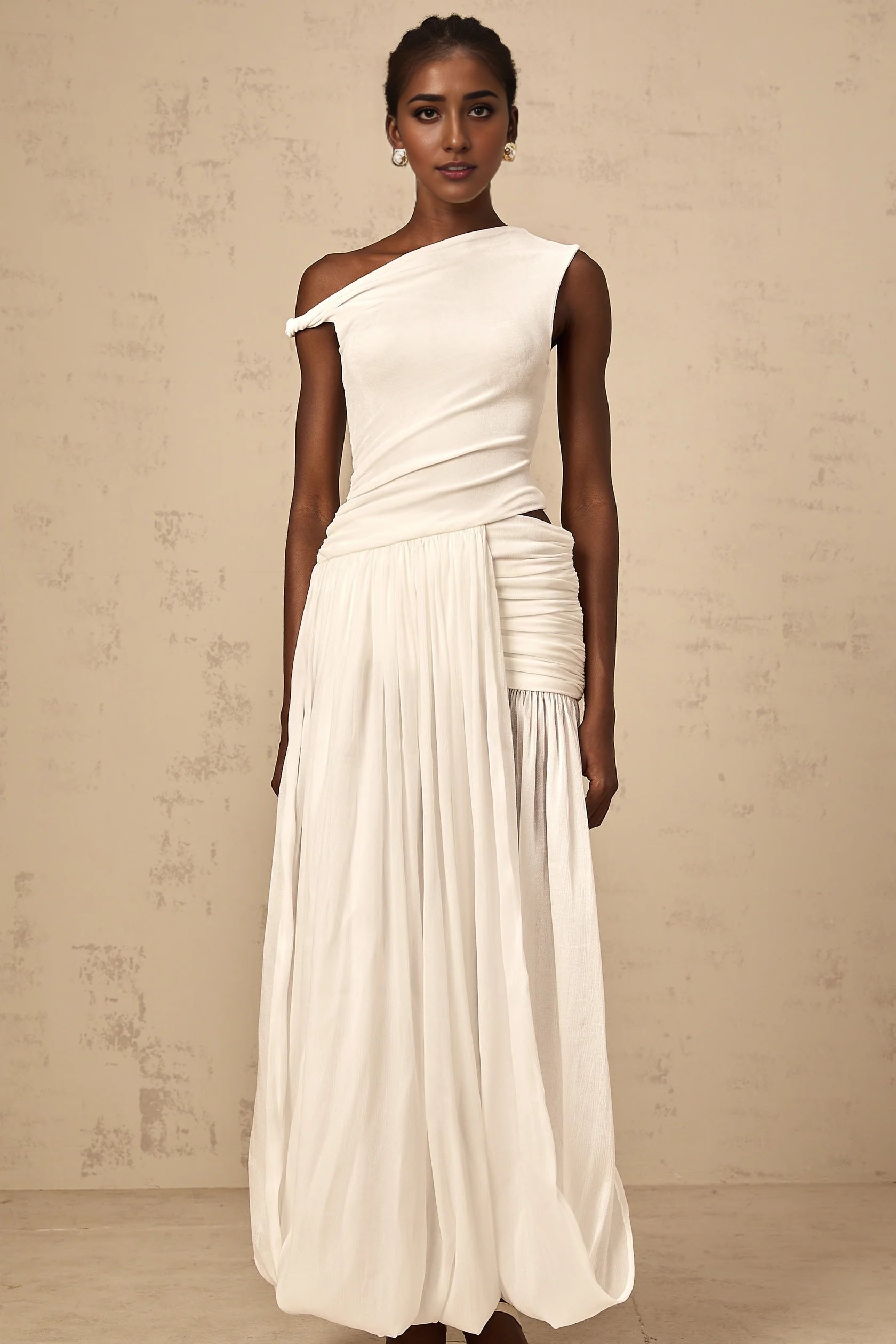 White One - Shoulder Draped Maxi Dress mono-shoulder shirred-panel maxi dress in White Evening Dress