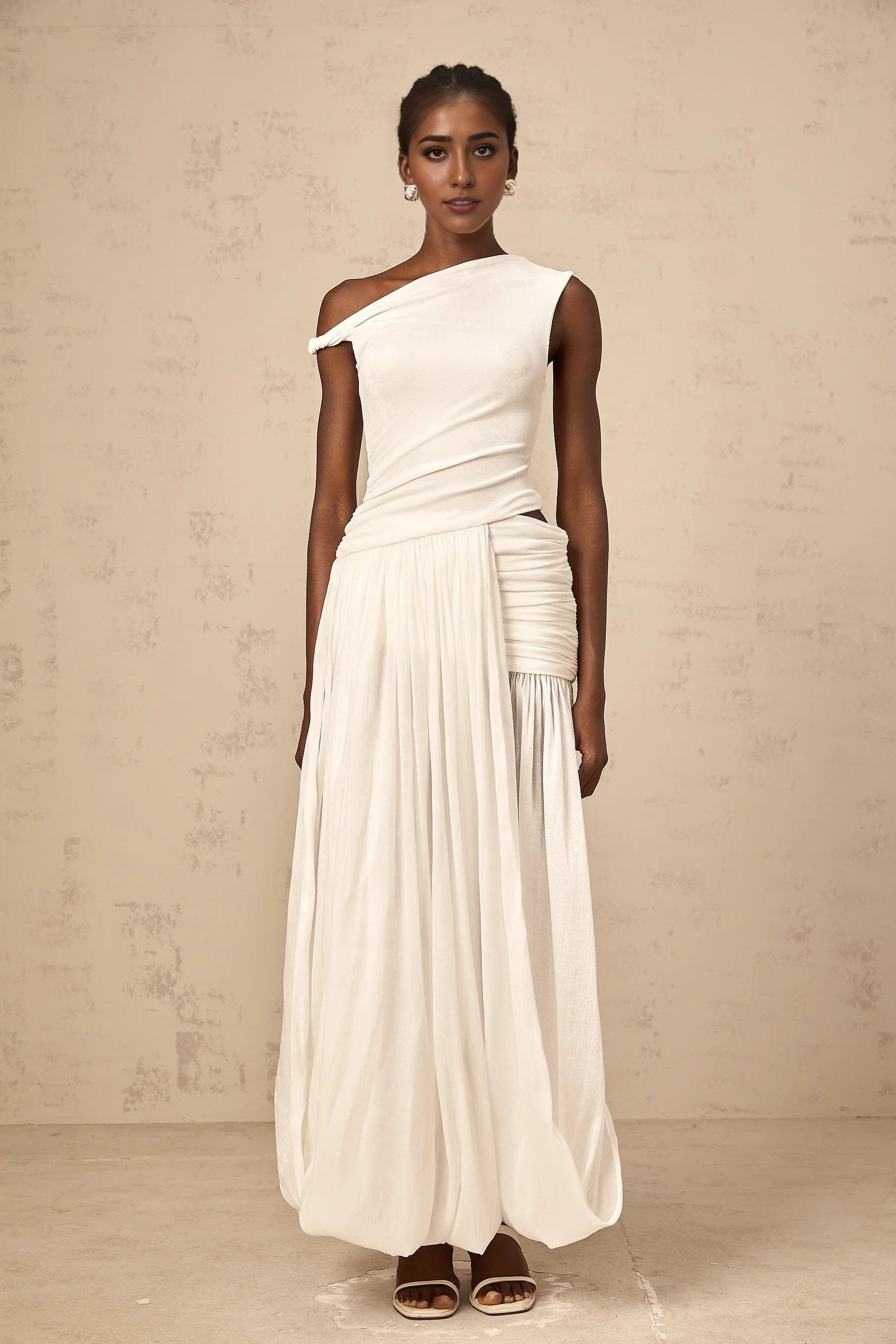 White One - Shoulder Draped Maxi Dress mono-shoulder shirred-panel maxi dress in White Evening Dress