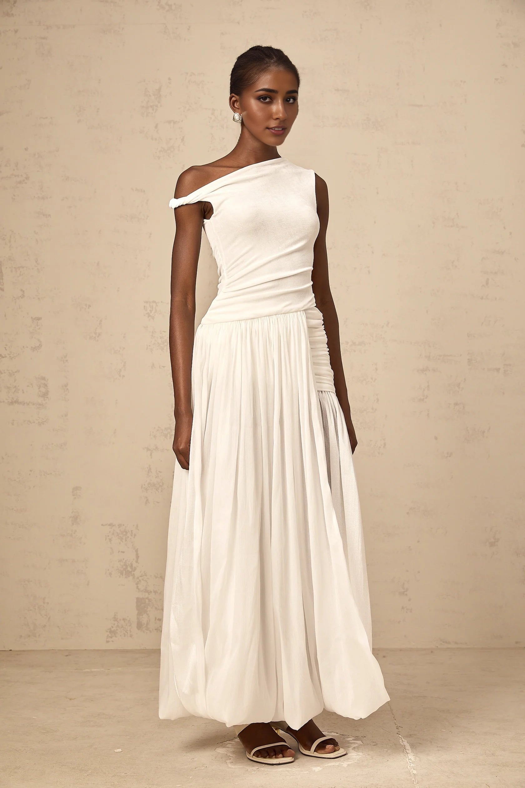 White One - Shoulder Draped Maxi Dress mono-shoulder shirred-panel maxi dress in White Evening Dress